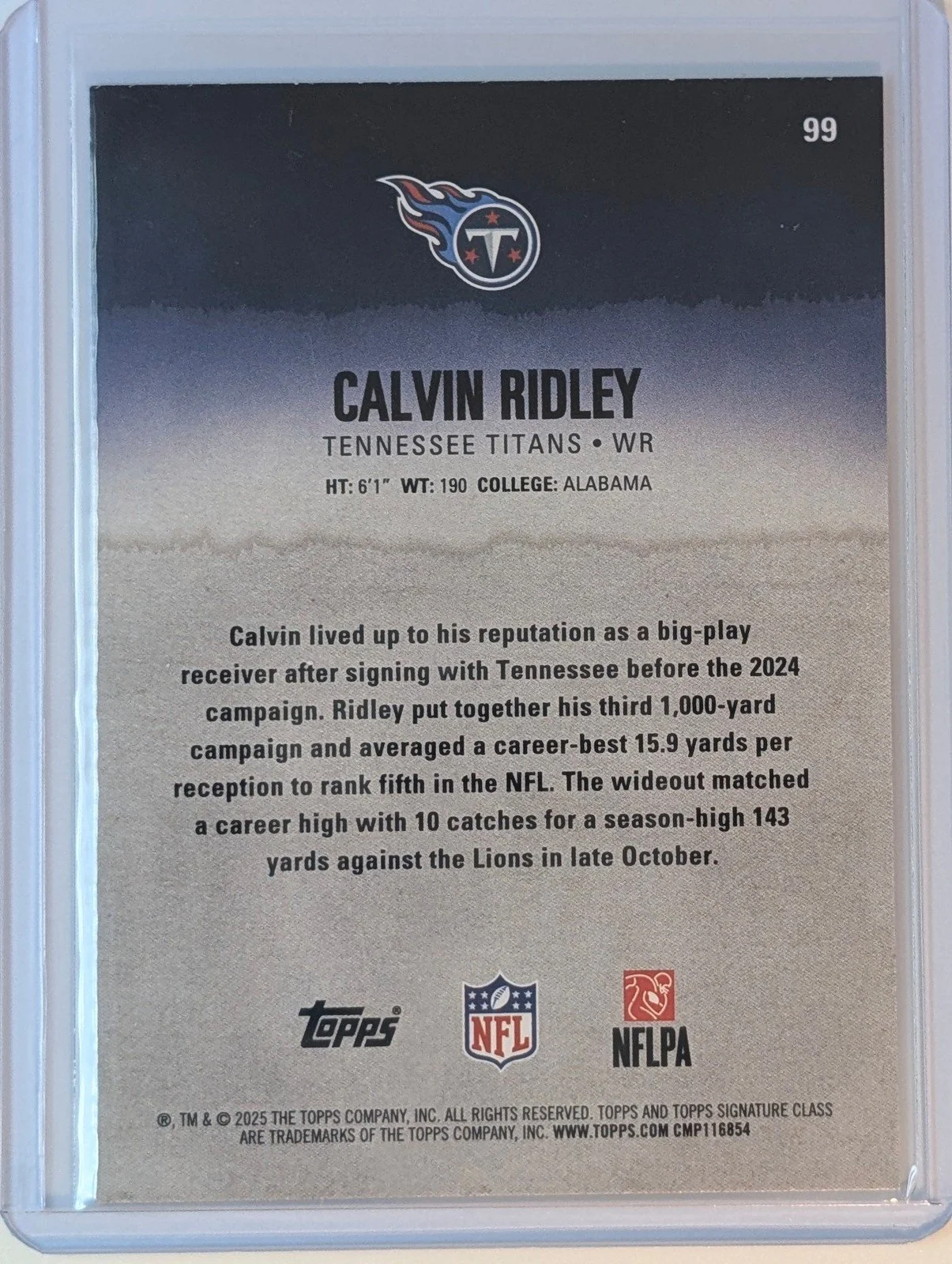 Back of 2025 Topps Signature Class #99 Calvin Ridley Blue & Yellow