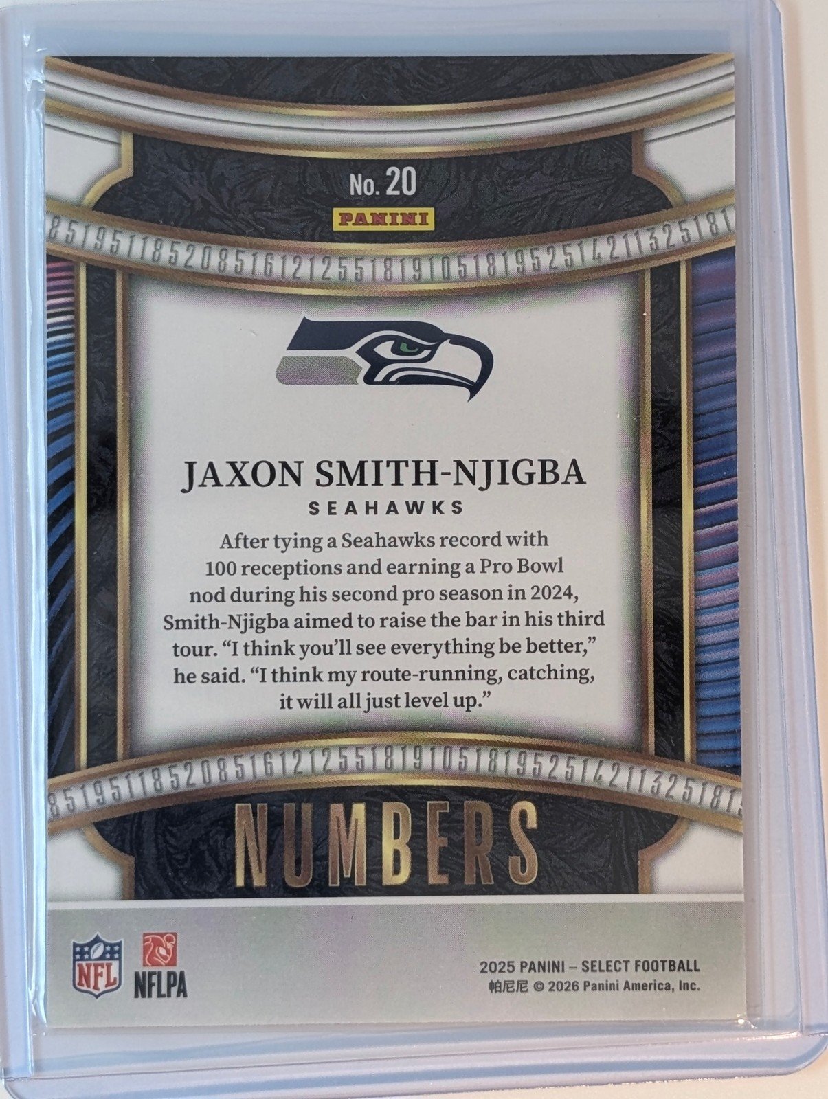Back of 2025 Panini Select #20 Jaxon Smith-Njigba Select Numbers