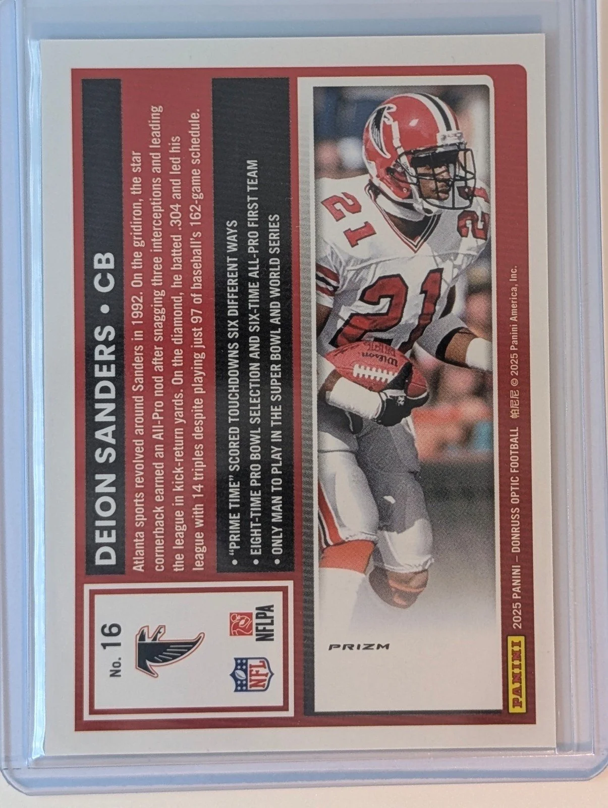 Back of 2025 Donruss Optic #16 Deion Sanders Prizm