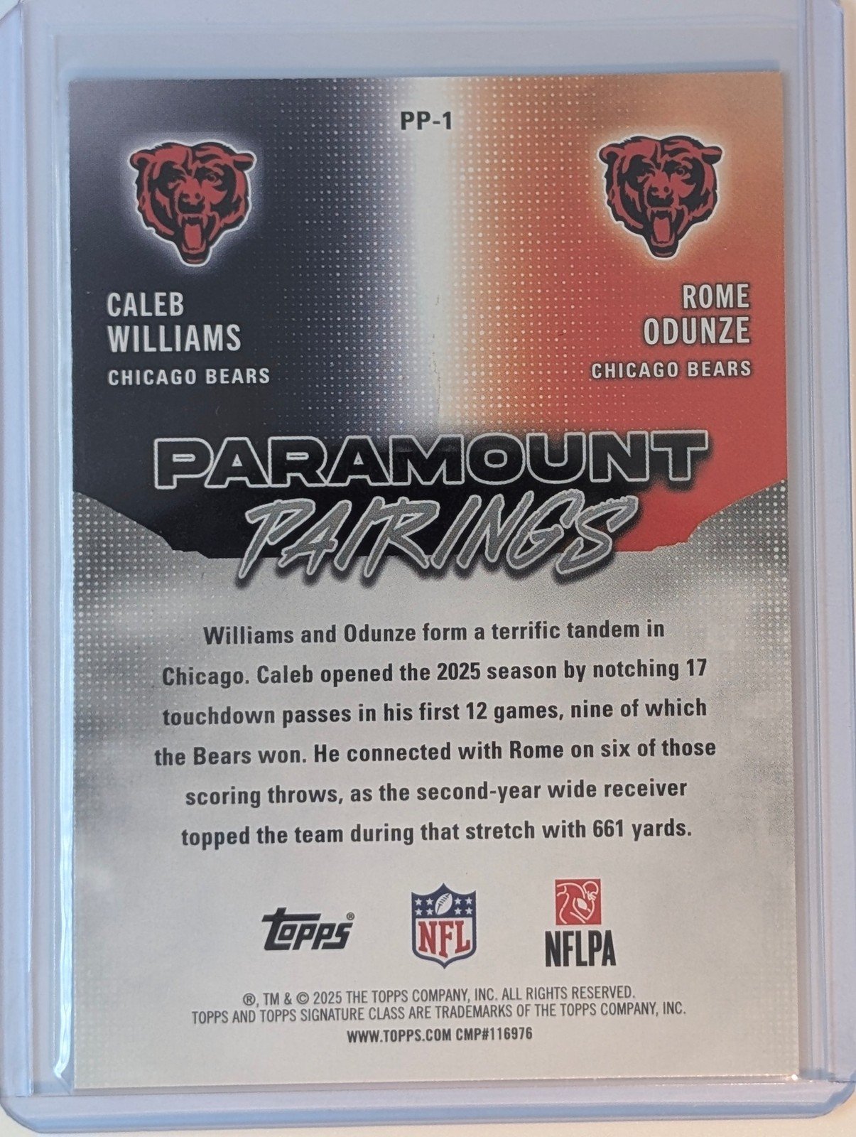 Back of 2025 Topps Signature Class #PP-1 Caleb Williams / Rome Odunze Paramount Pairings