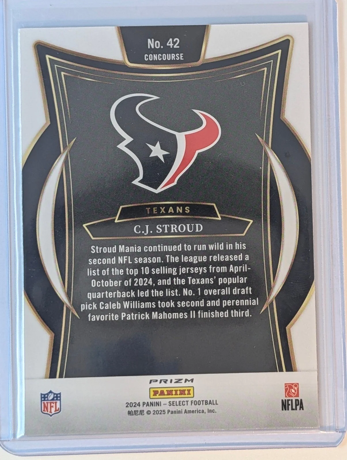 Back of 2024 Panini Select #42 C.J. Stroud Black & Red Prizm Shock