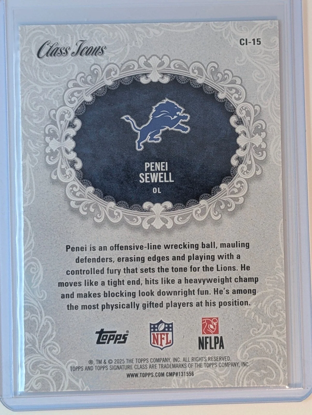 Back of 2025 Topps Signature Class #CI-15 Penei Sewell Class Icons