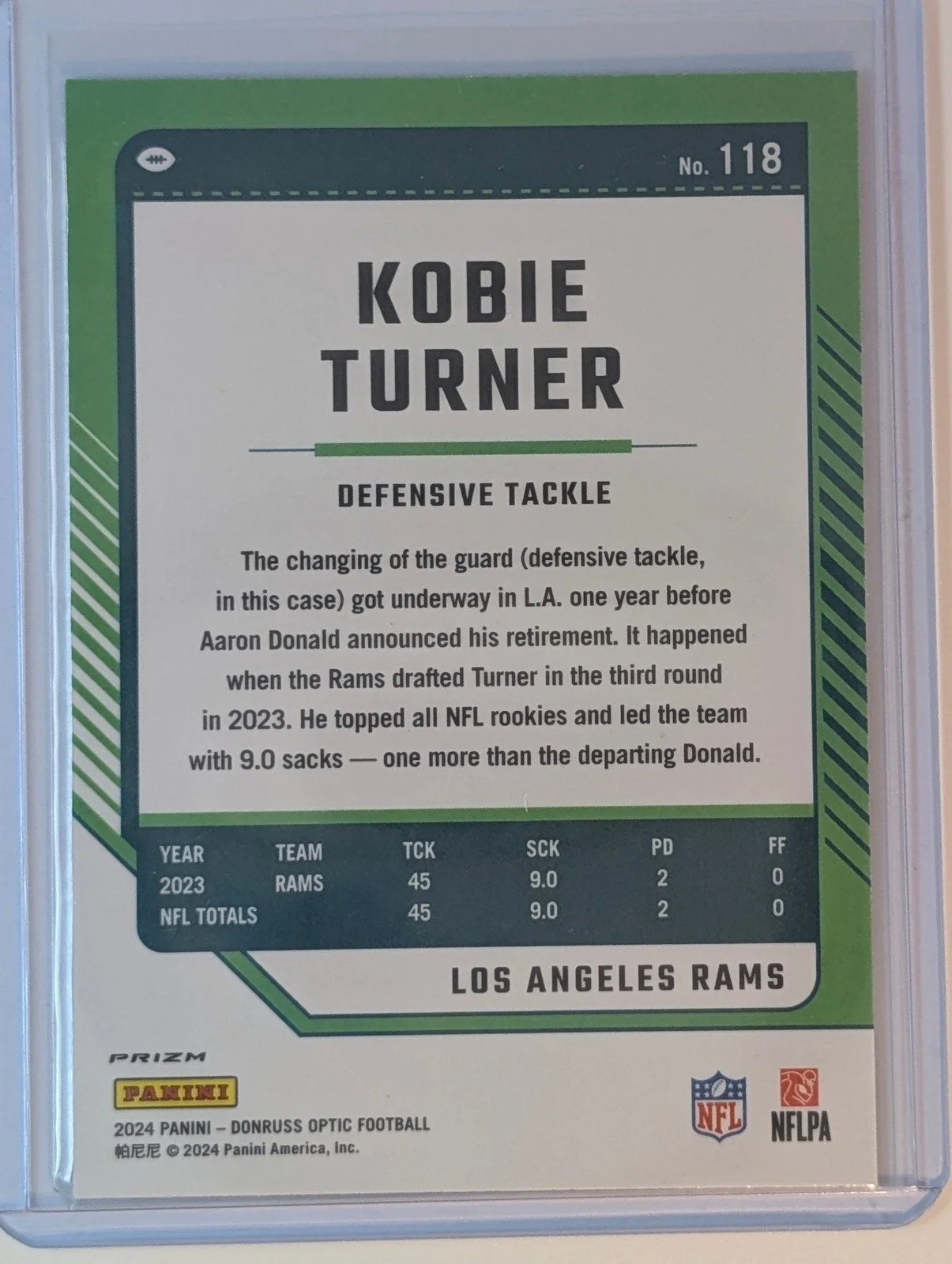 Back of 2024 Donruss Optic #118 Kobie Turner Stars