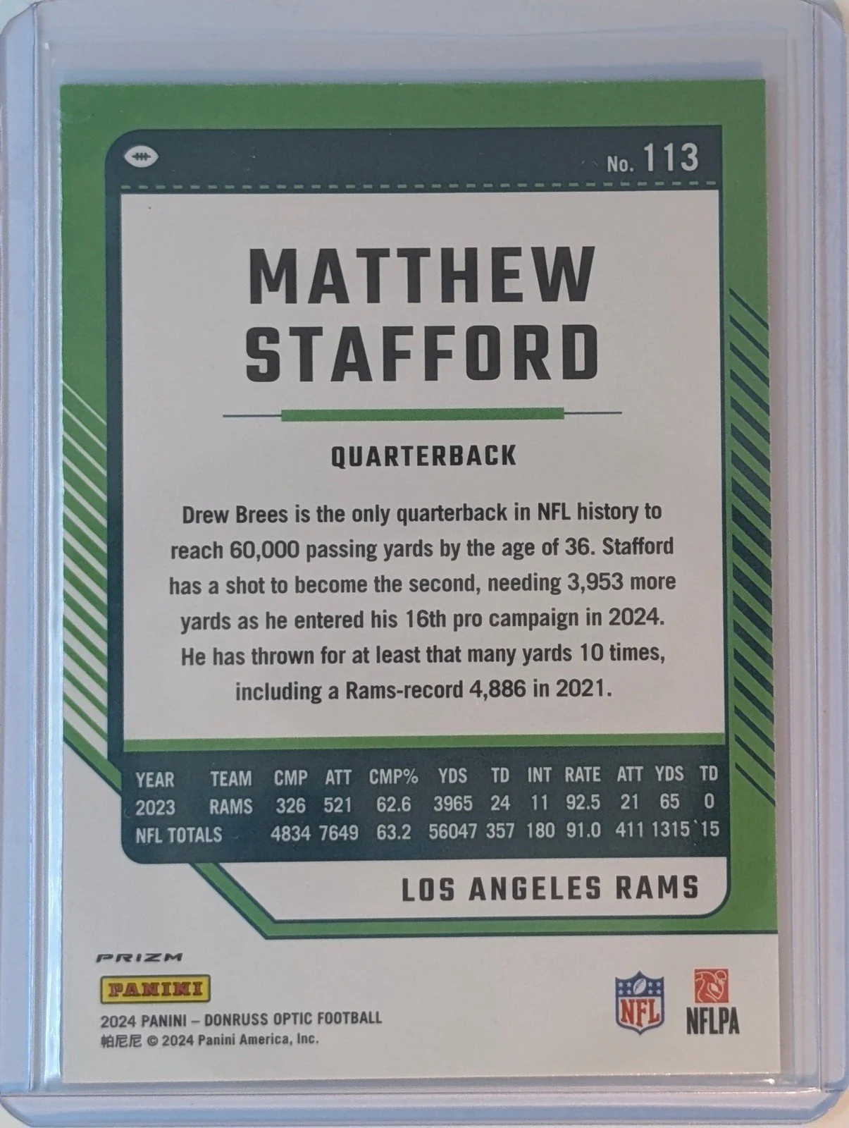 Back of 2024 Donruss Optic #113 Matthew Stafford Stars