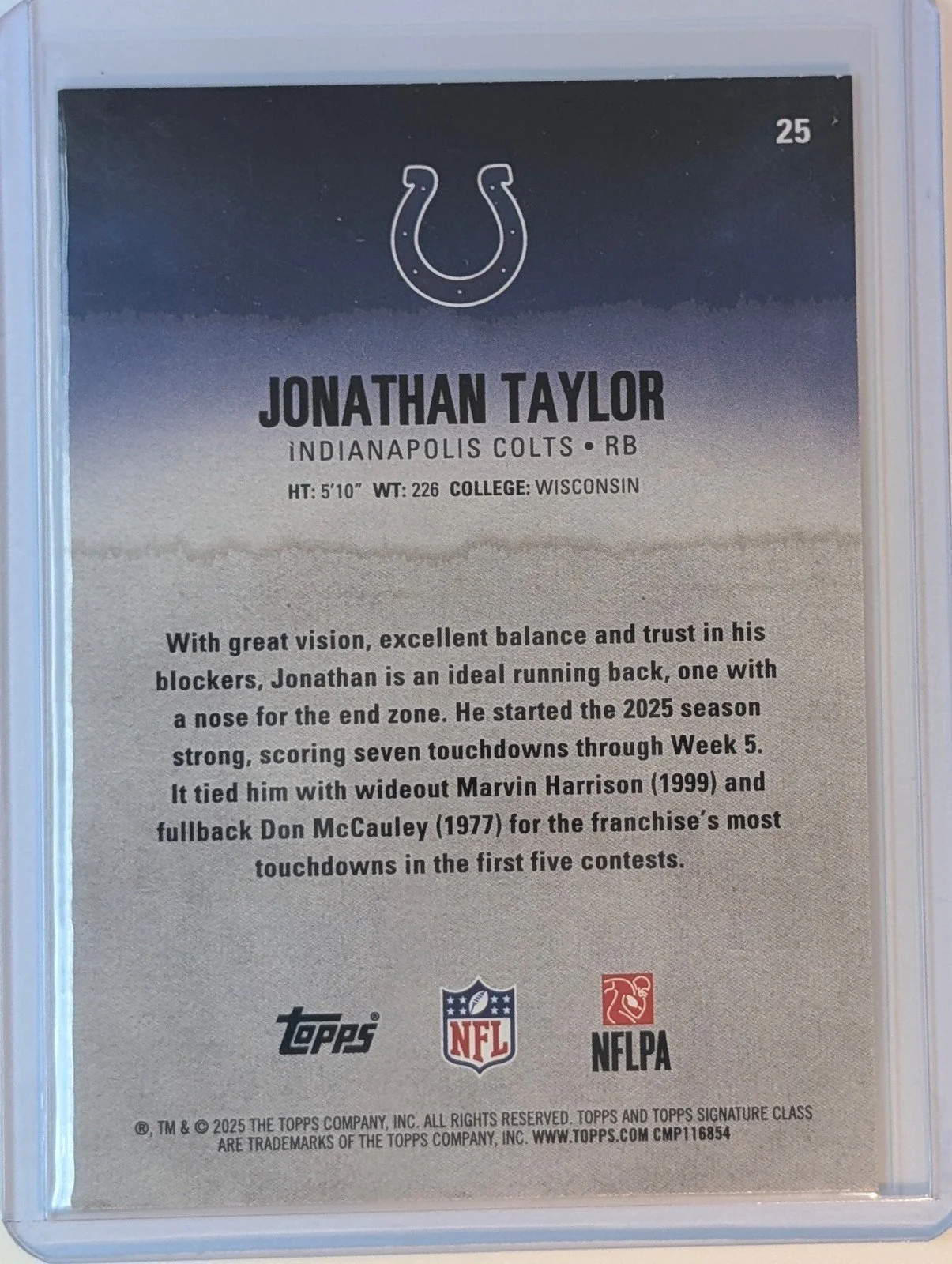 Back of 2025 Topps Signature Class #25 Jonathan Taylor Blue & Yellow