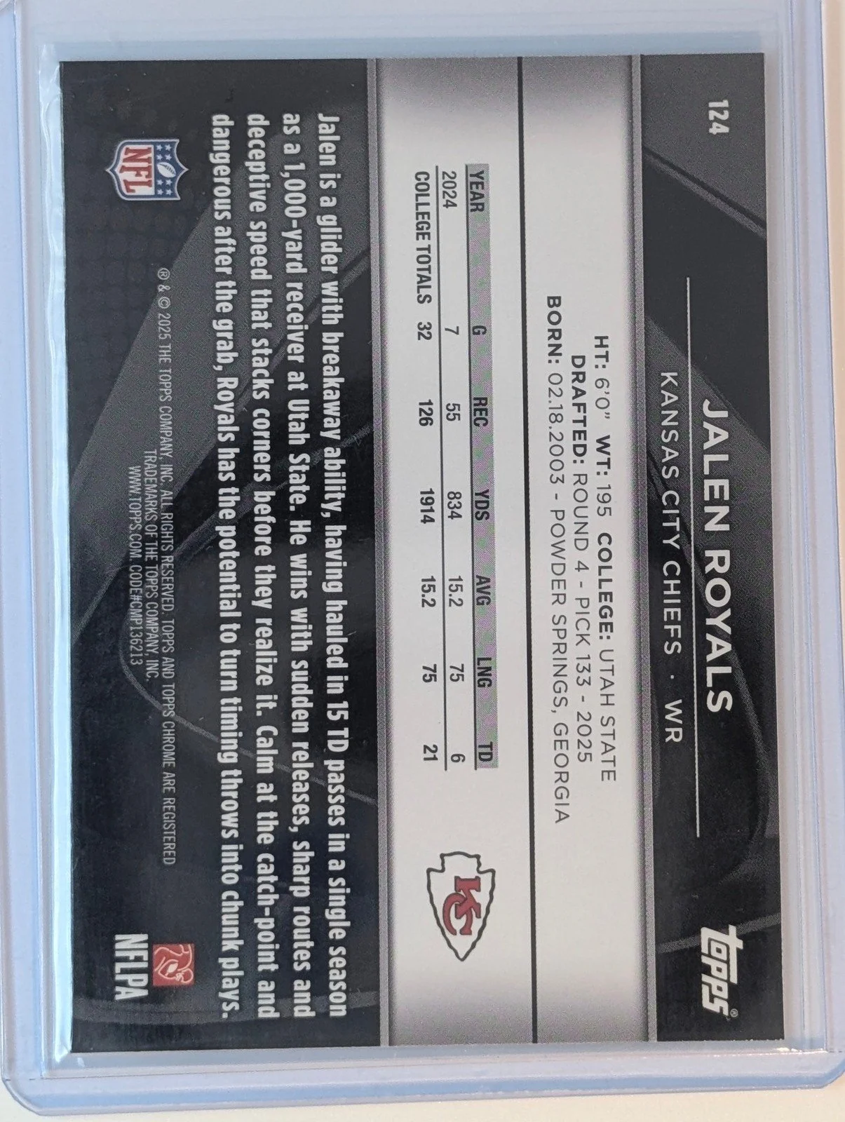 Back of 2025 Topps Chrome Black #124 Jalen Royals