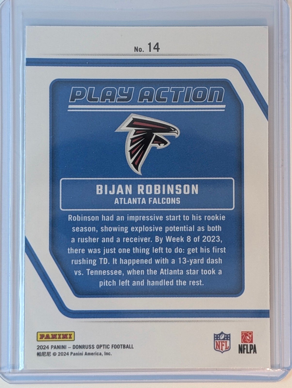 Back of 2024 Donruss Optic #14 Bijan Robinson Play Action