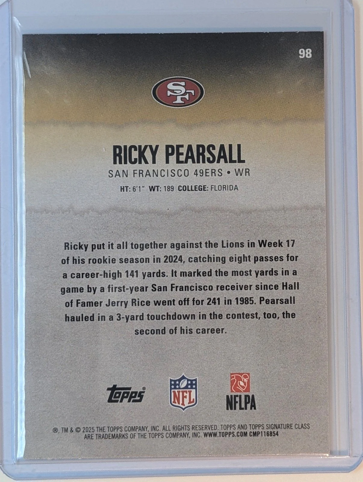 Back of 2025 Topps Signature Class #98 Ricky Pearsall Red & Black