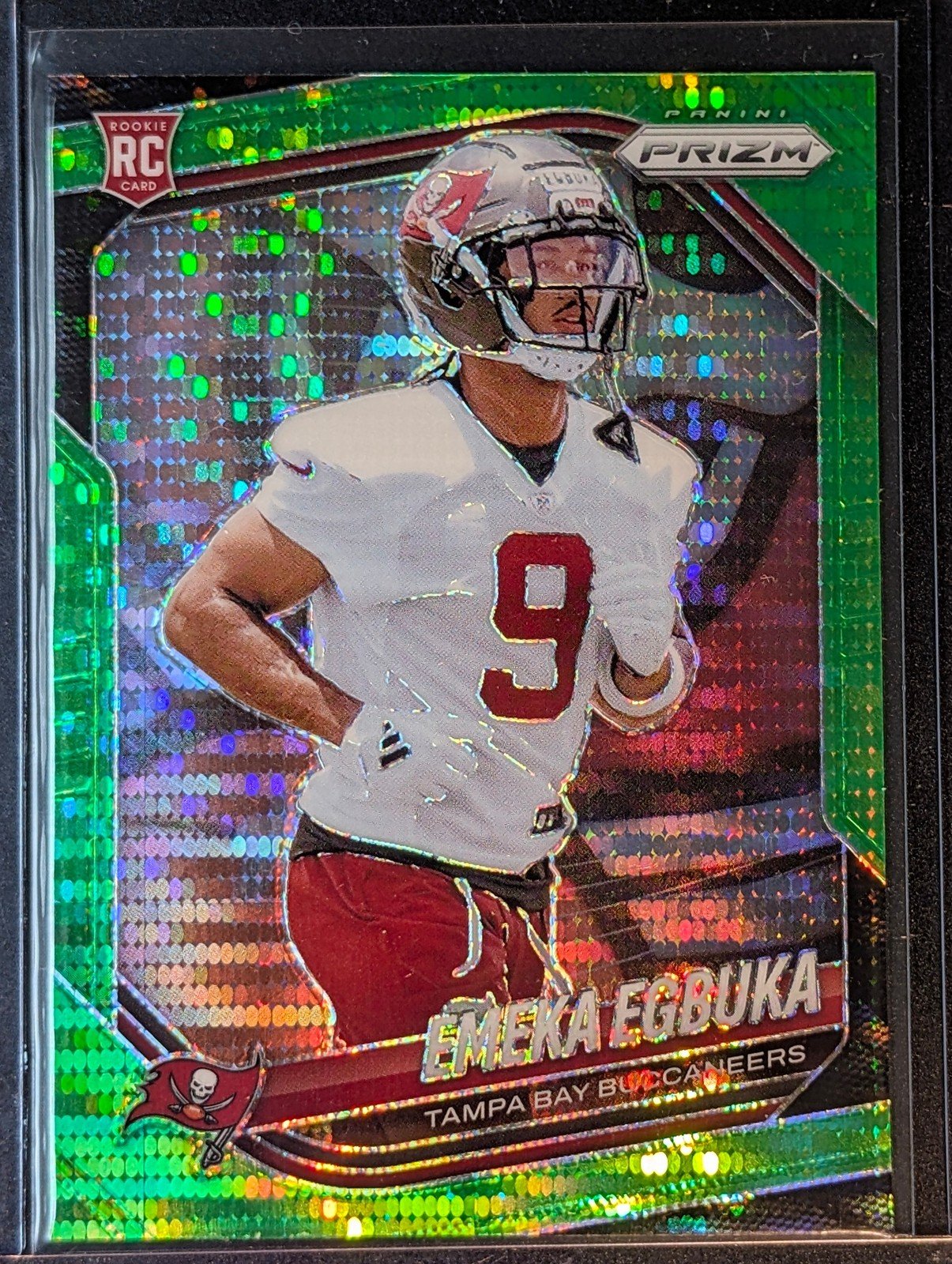 Front of 2025 Panini Prizm #351 Emeka Egbuka Neon Green Pulsar Rookie