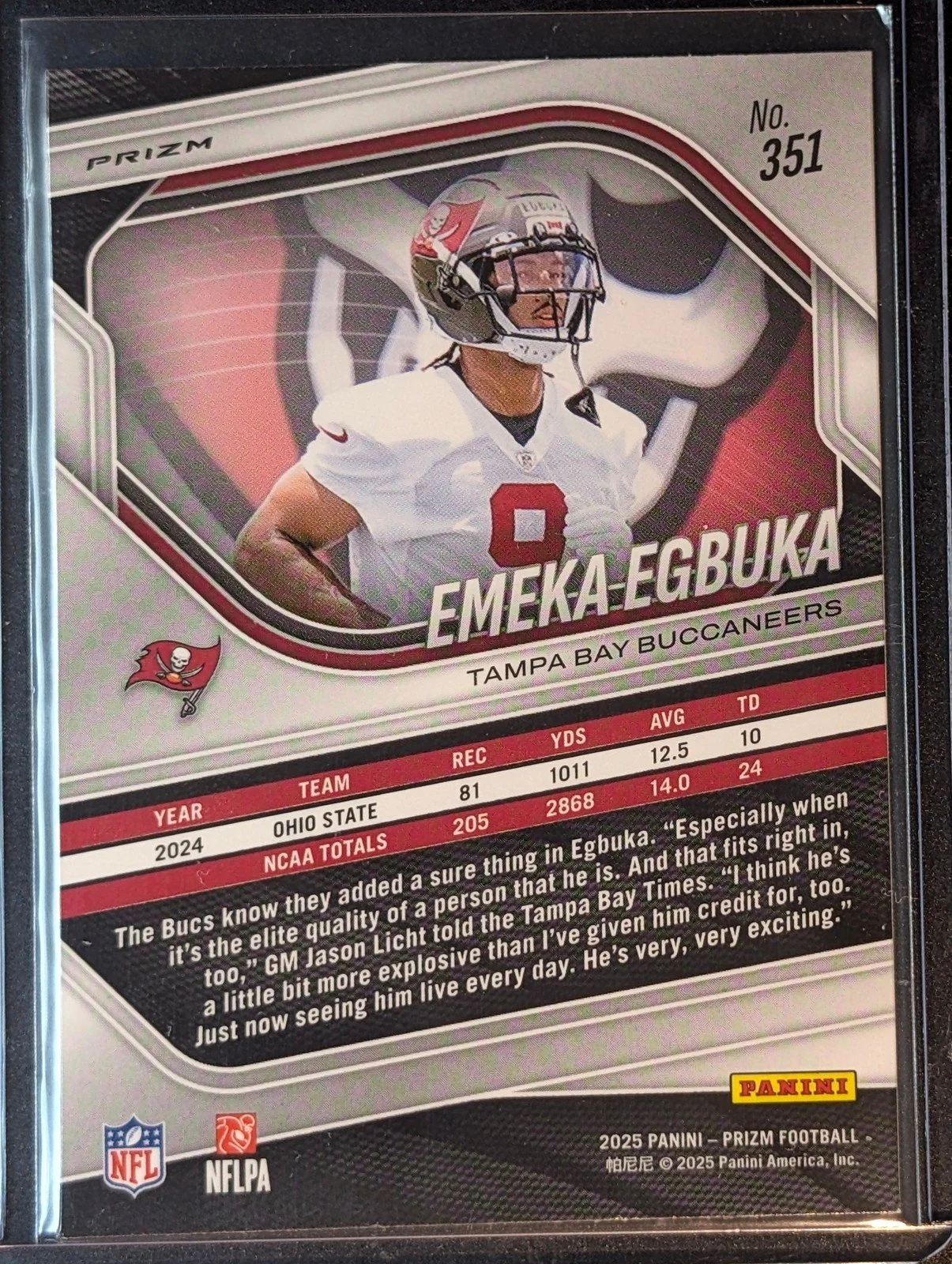 Back of 2025 Panini Prizm #351 Emeka Egbuka Neon Green Pulsar Rookie