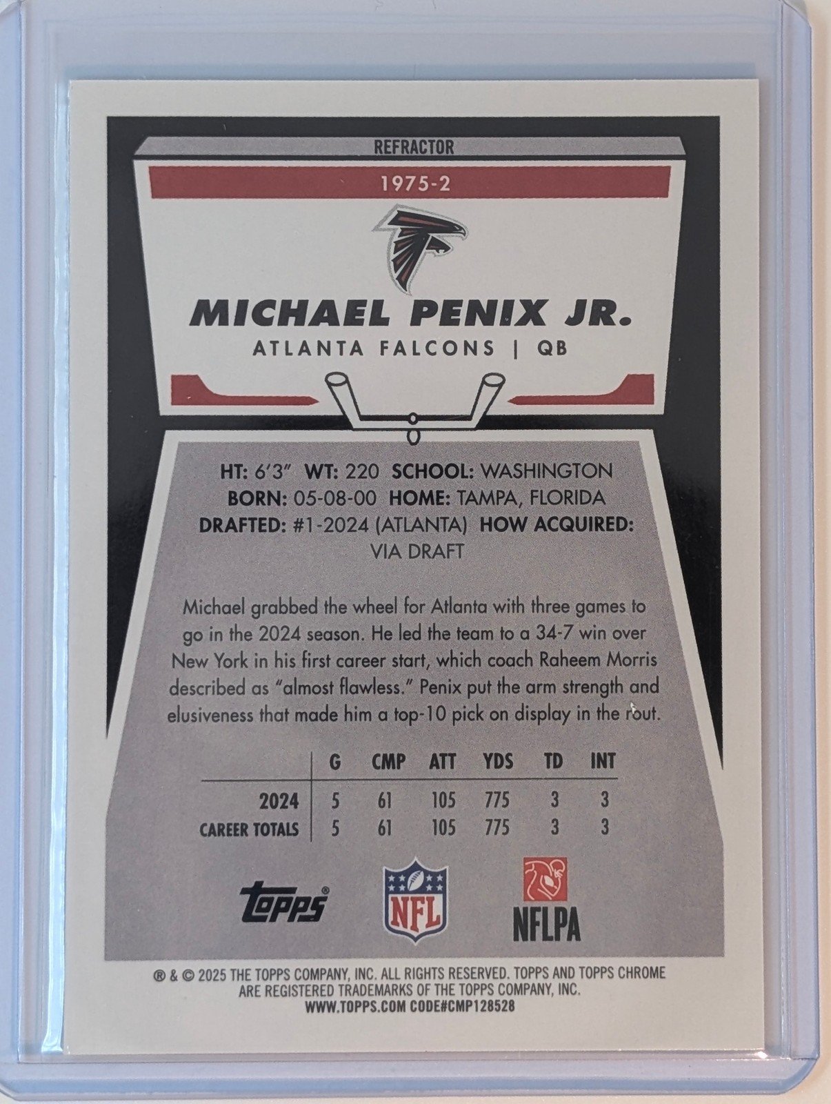 Back of 2025 Topps Chrome #1975-2 Michael Penix Jr. 1975 Topps Refractor