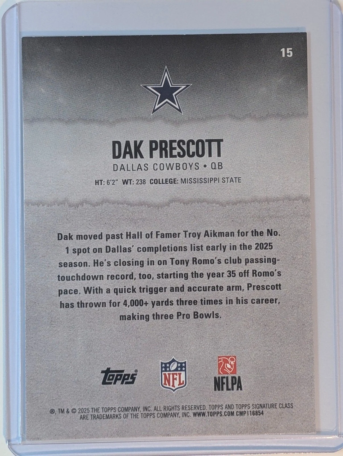 Back of 2025 Topps Signature Class #15 Dak Prescott