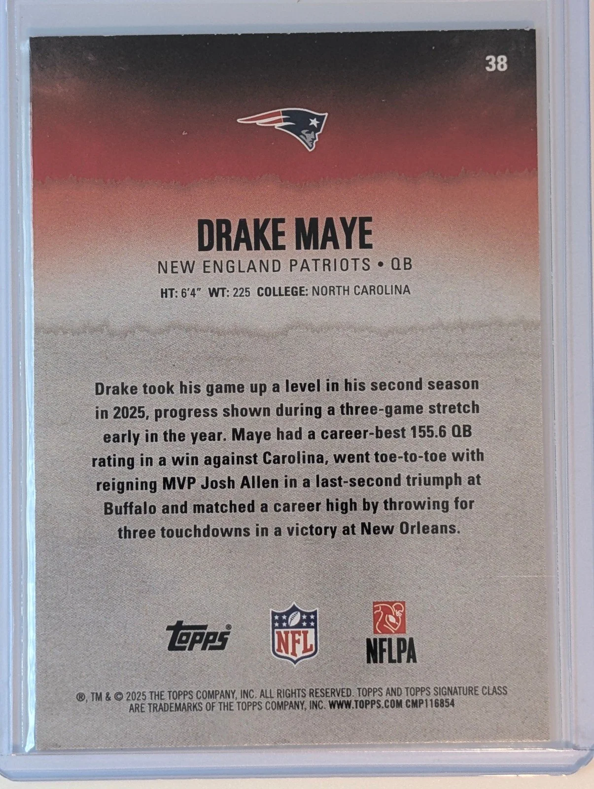 Back of 2025 Topps Signature Class #38 Drake Maye Blue & Yellow