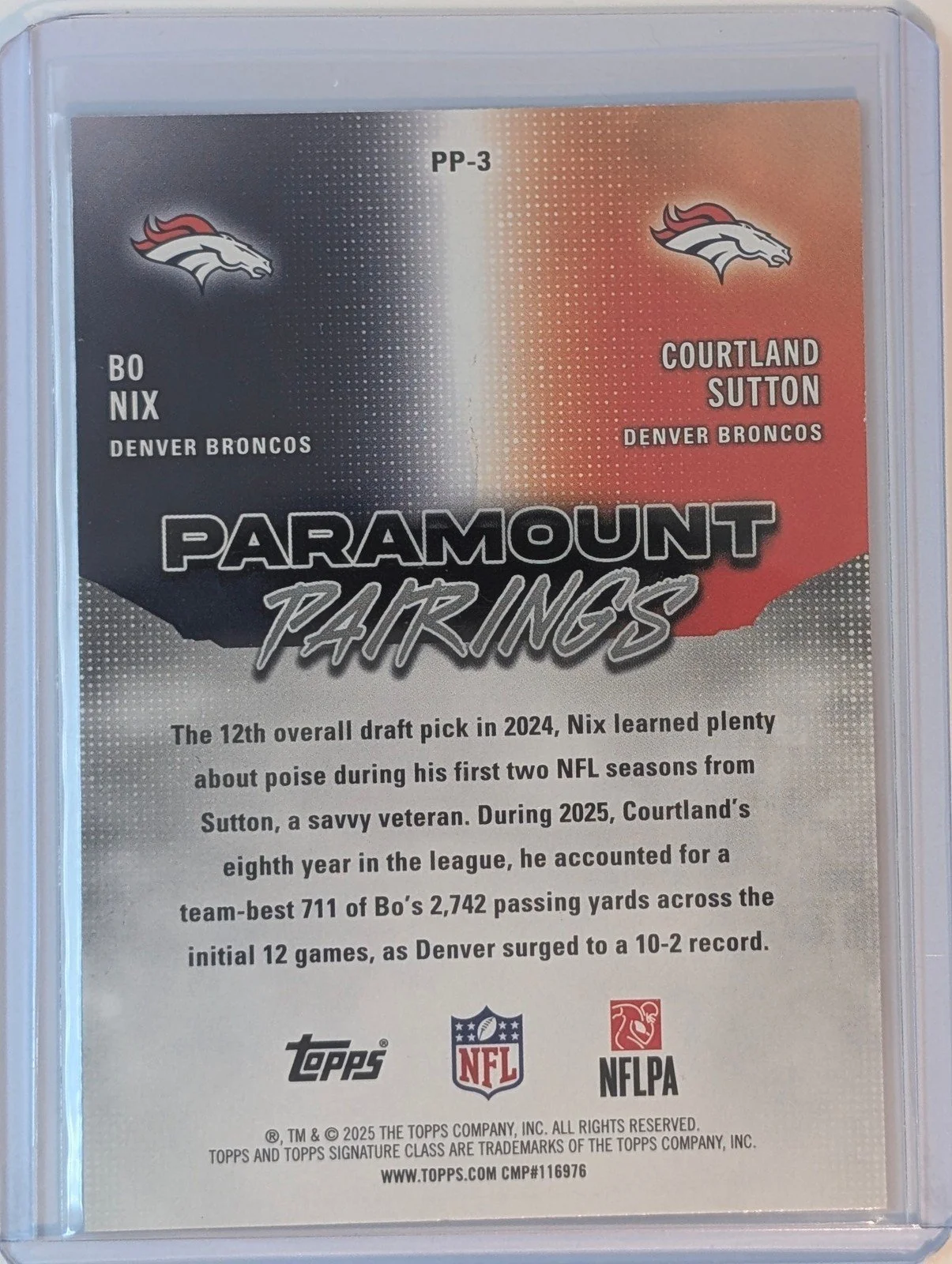 Back of 2025 Topps Signature Class #PP-3 Courtland Sutton / Bo Nix