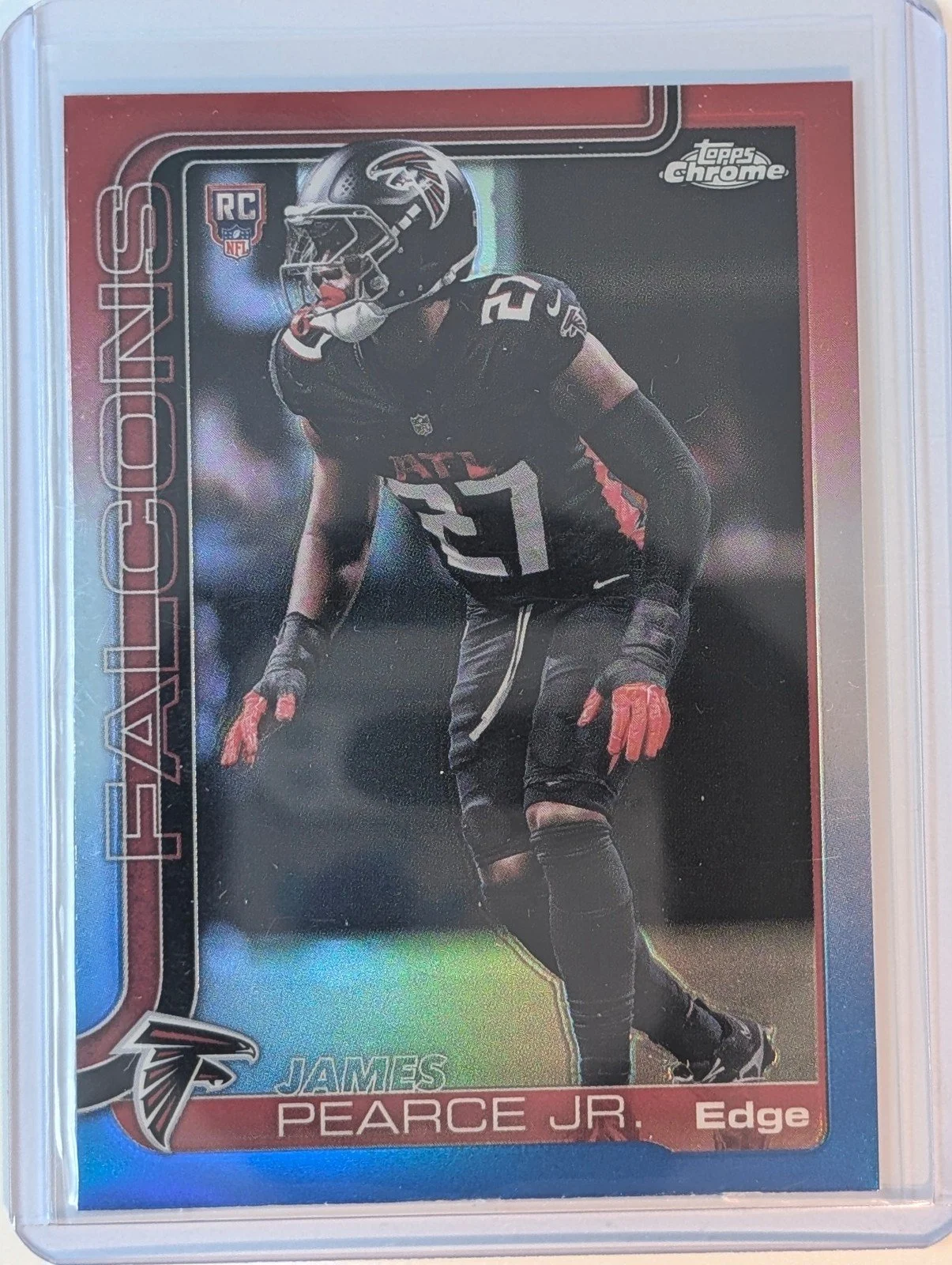 Front of 2025 Topps Chrome #351 James Pearce Jr. Red White and Blue Refractor