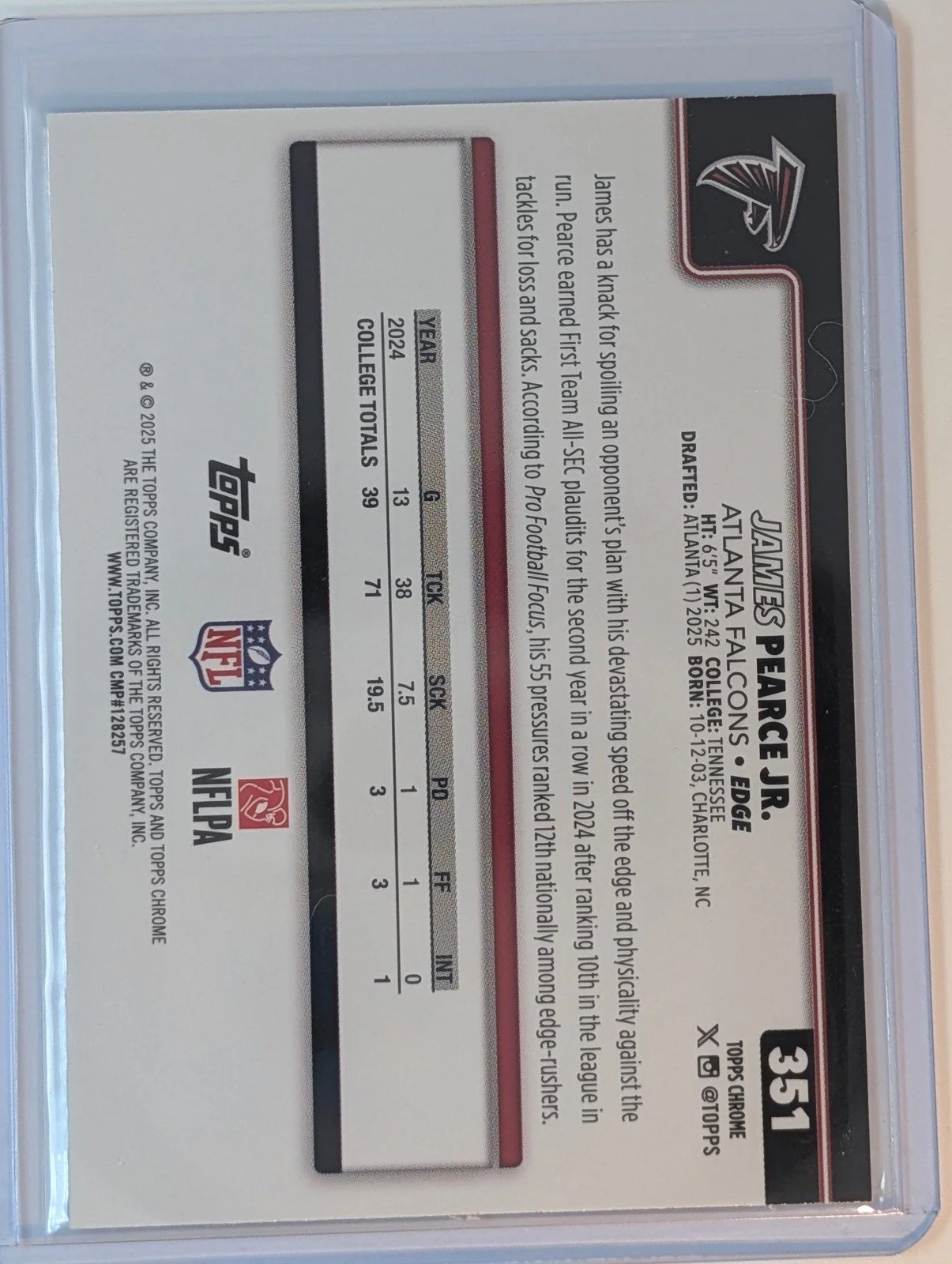 Back of 2025 Topps Chrome #351 James Pearce Jr. Red White and Blue Refractor