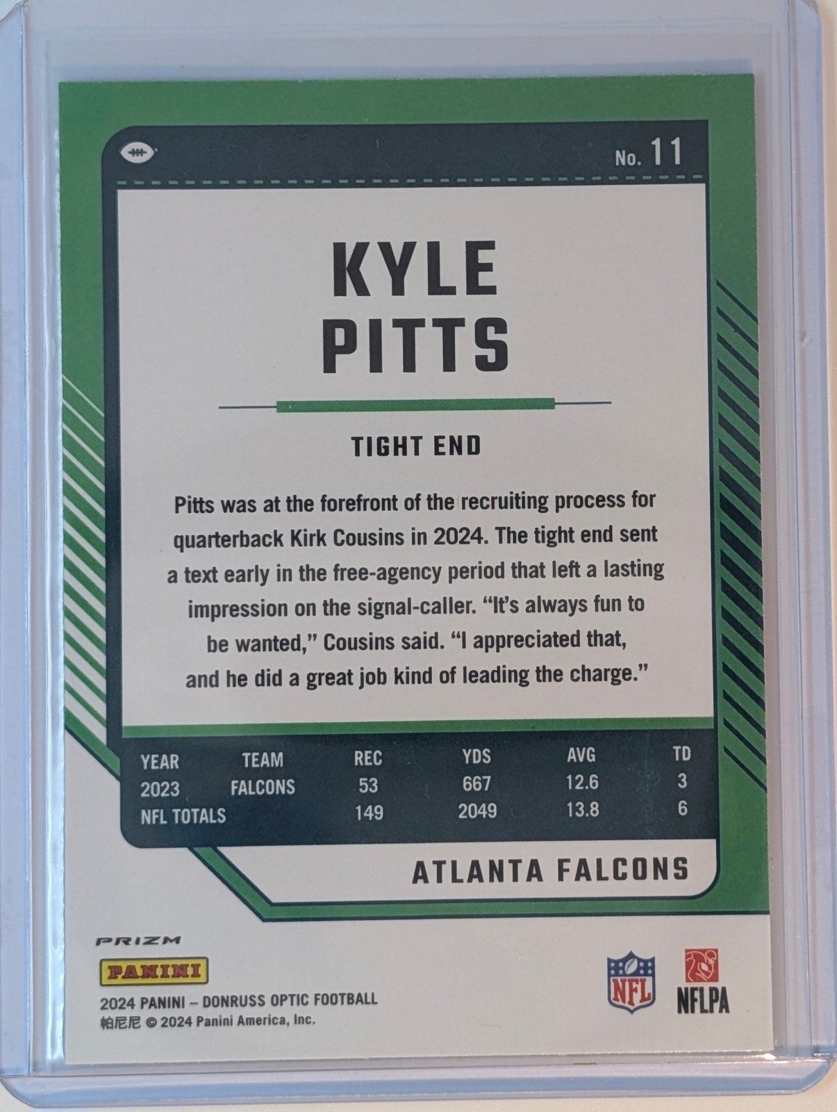 Back of 2024 Donruss Optic #11 Kyle Pitts Stars Prizm
