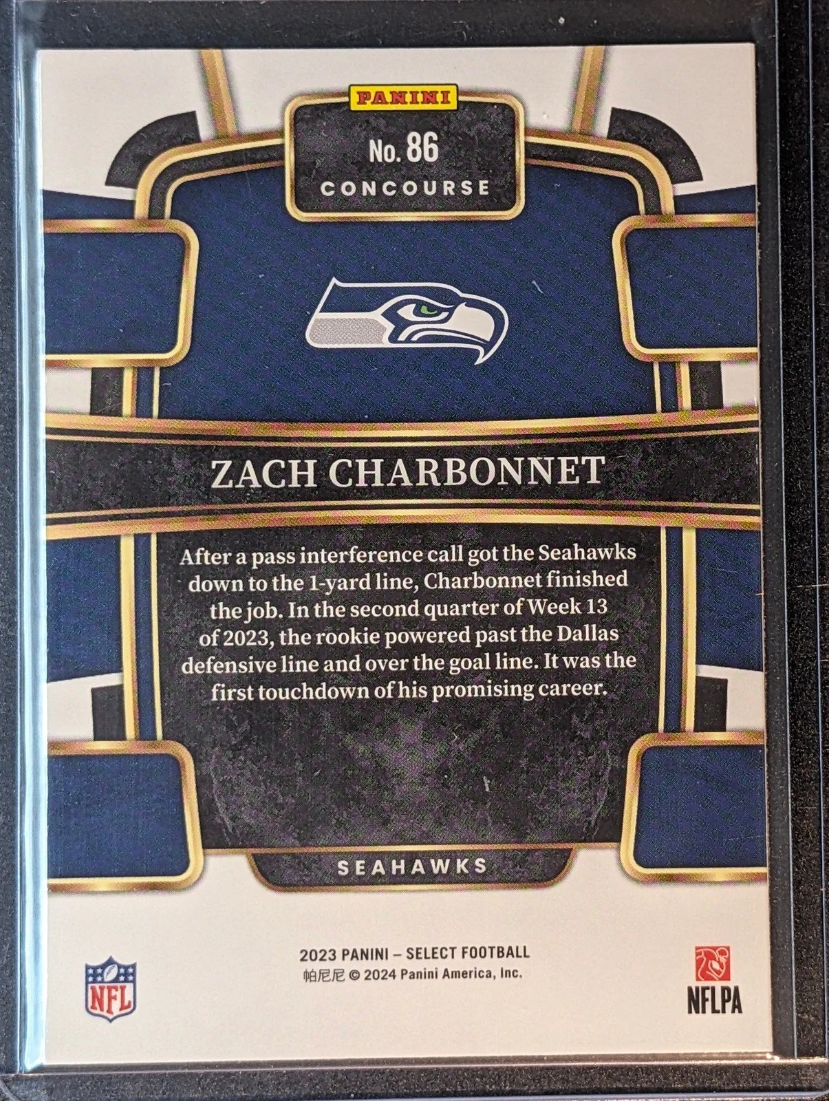 Back of 2023 Panini Select #86 Zach Charbonnet