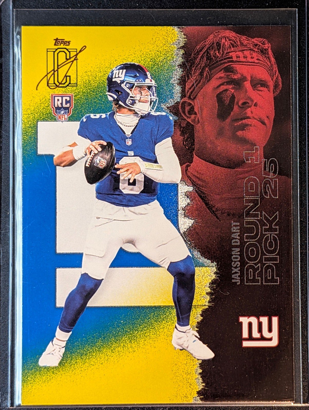Front of 2025 Topps Signature Class #106 Jaxson Dart Blue & Yellow Rookie