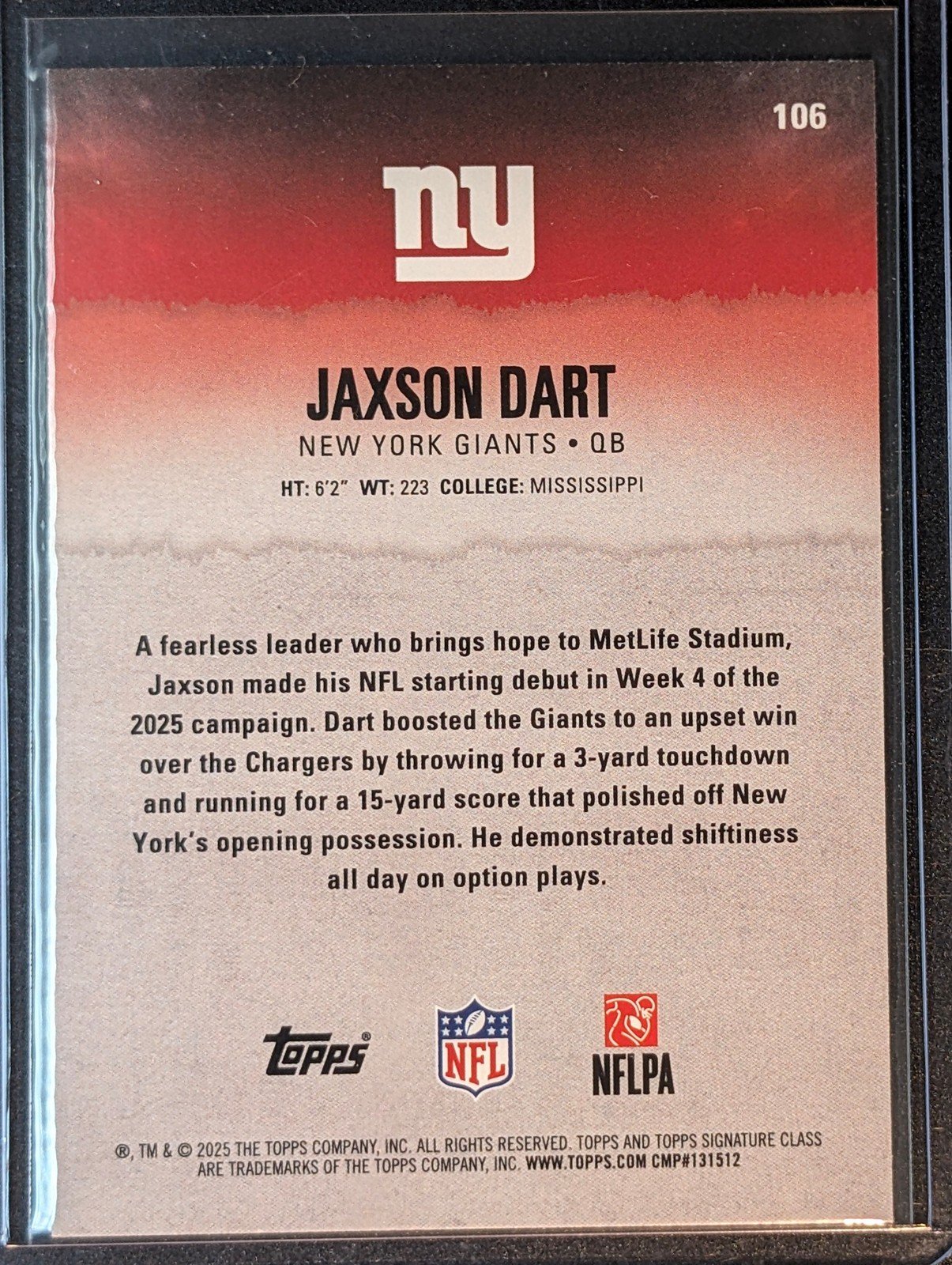 Back of 2025 Topps Signature Class #106 Jaxson Dart Blue & Yellow Rookie