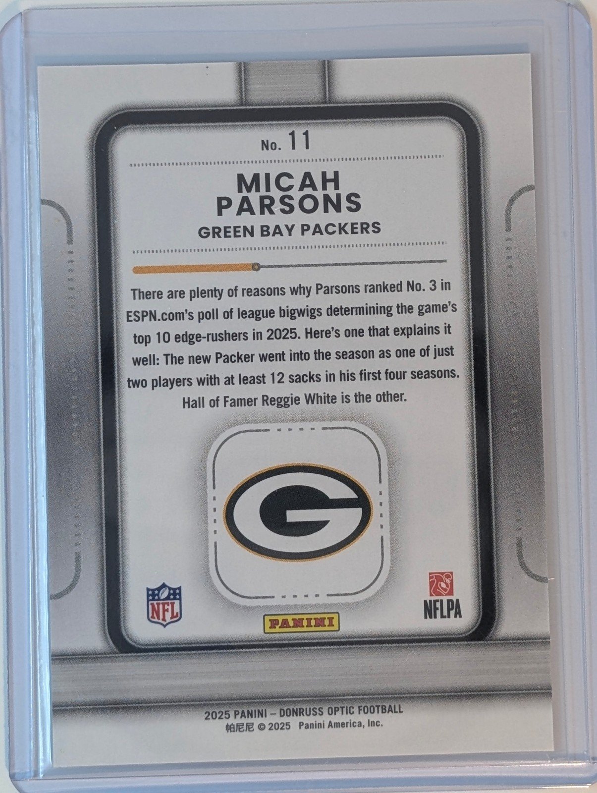 Back of 2025 Donruss Optic #11 Micah Parsons Play Action