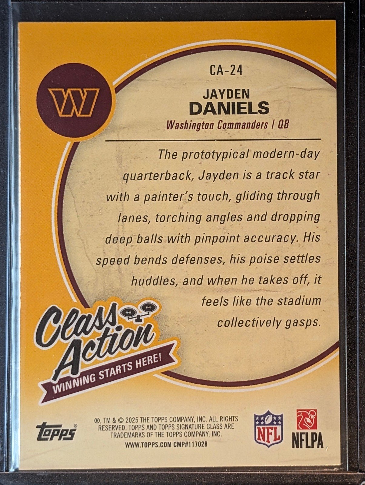 Back of 2025 Topps Signature Class #CA-24 Jayden Daniels Class Action