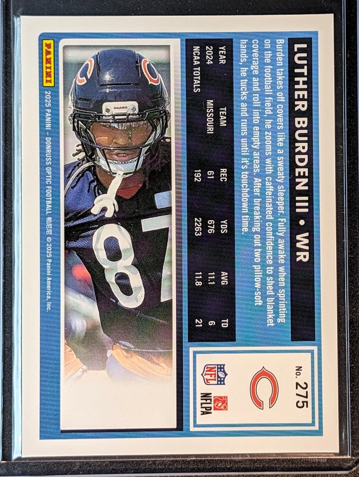 Back of 2025 Donruss Optic #275 Luther Burden III Purple Shock Rookie