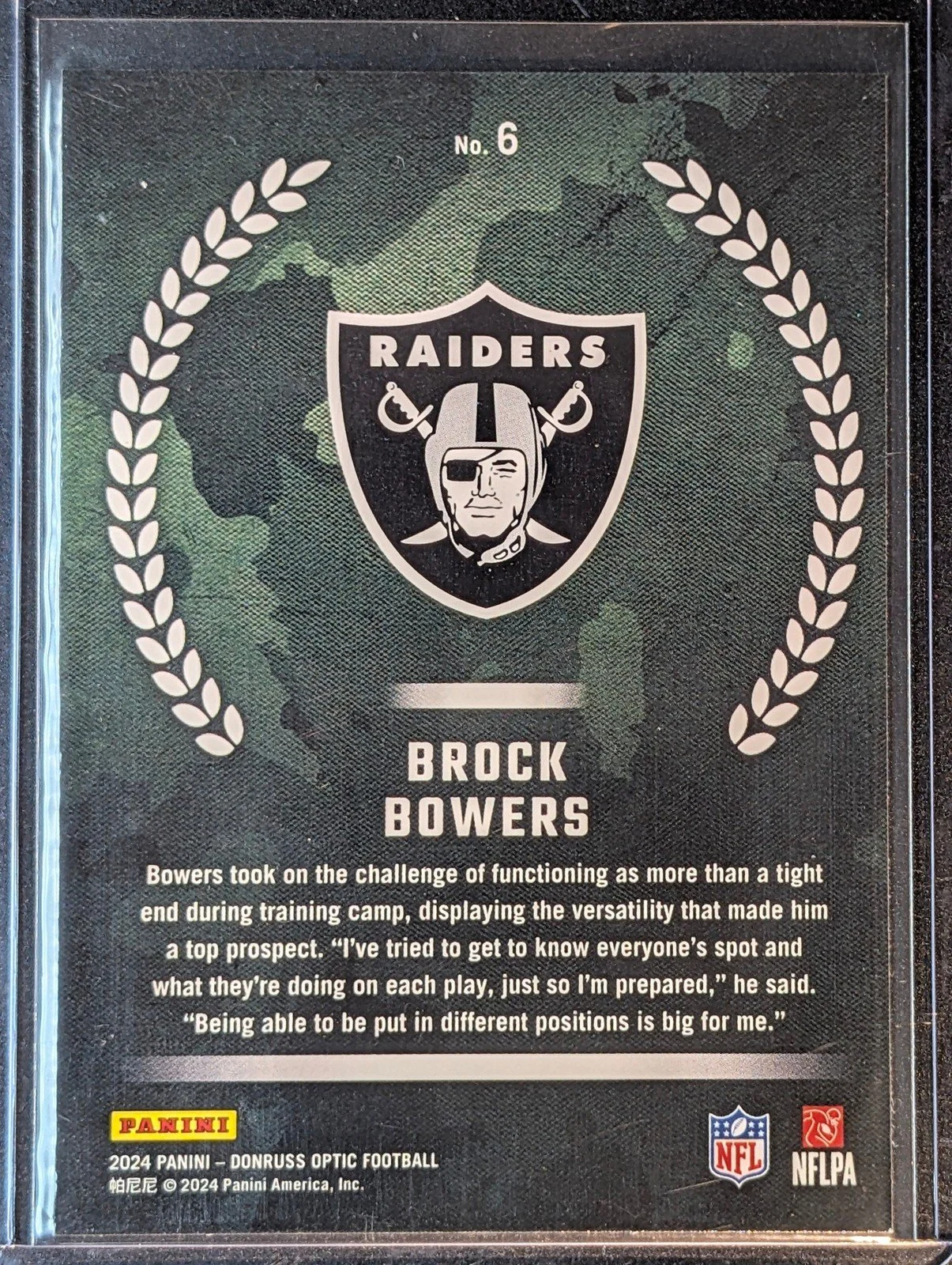 Back of 2024 Donruss Optic #6 Brock Bowers Rookie Recruits