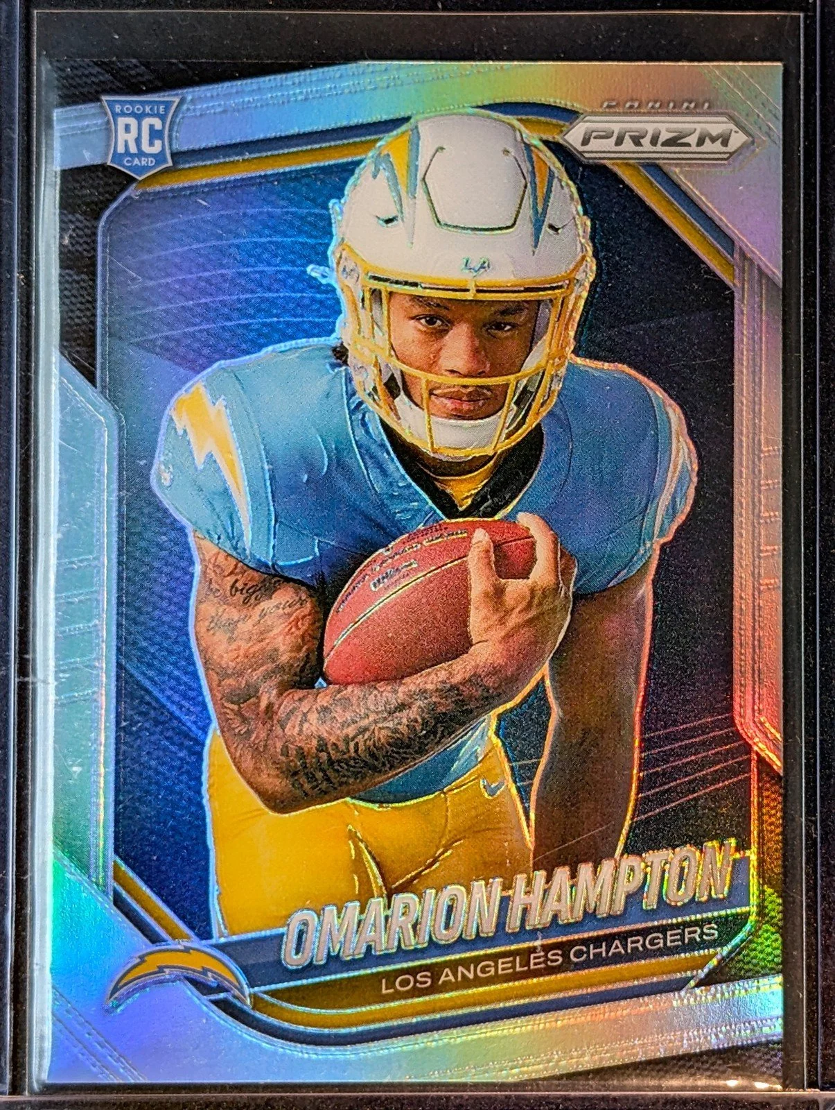 Front of 2025 Panini Prizm #423 Omarion Hampton Silver Prizm Rookie
