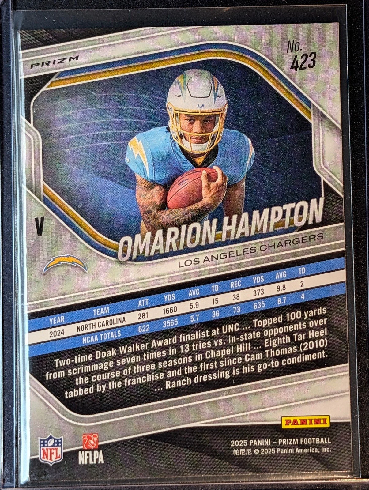 Back of 2025 Panini Prizm #423 Omarion Hampton Silver Prizm Rookie
