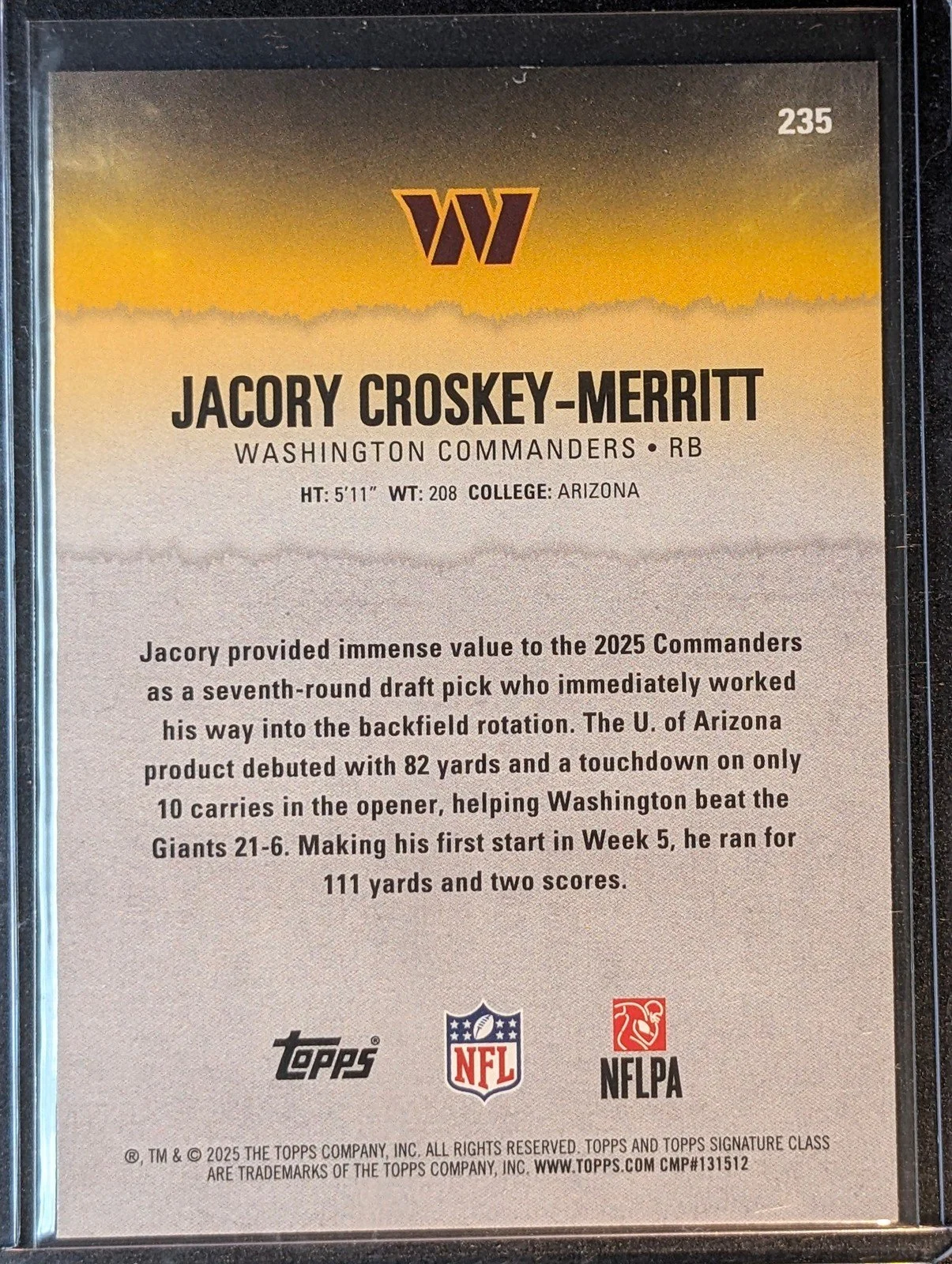 Back of 2025 Topps Signature Class #235 Jacory Croskey-Merritt Rookie