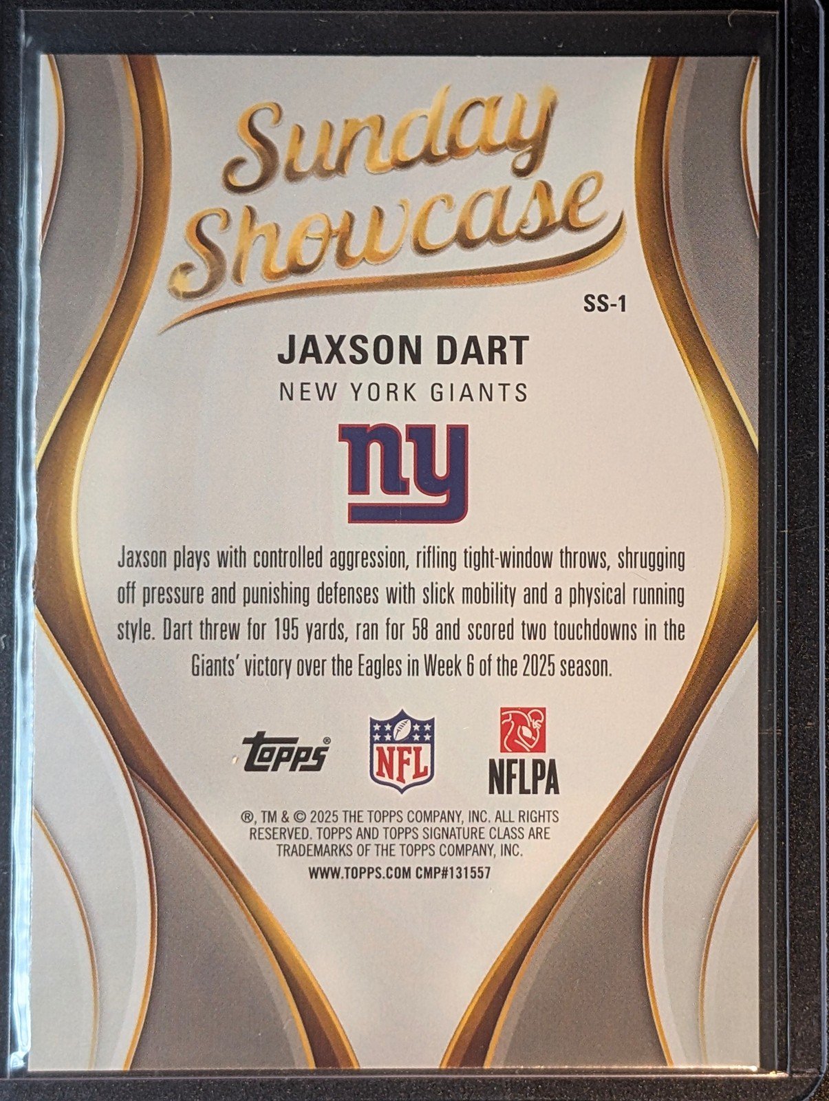 Back of 2025 Topps Signature Class #SS-1 Jaxson Dart Sunday Showcase Rookie