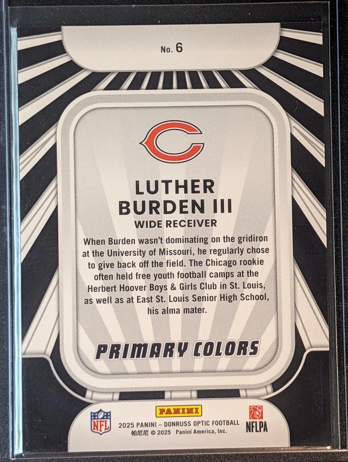 Back of 2025 Donruss Optic #6 Luther Burden III Rookie Primary Colors Rookie