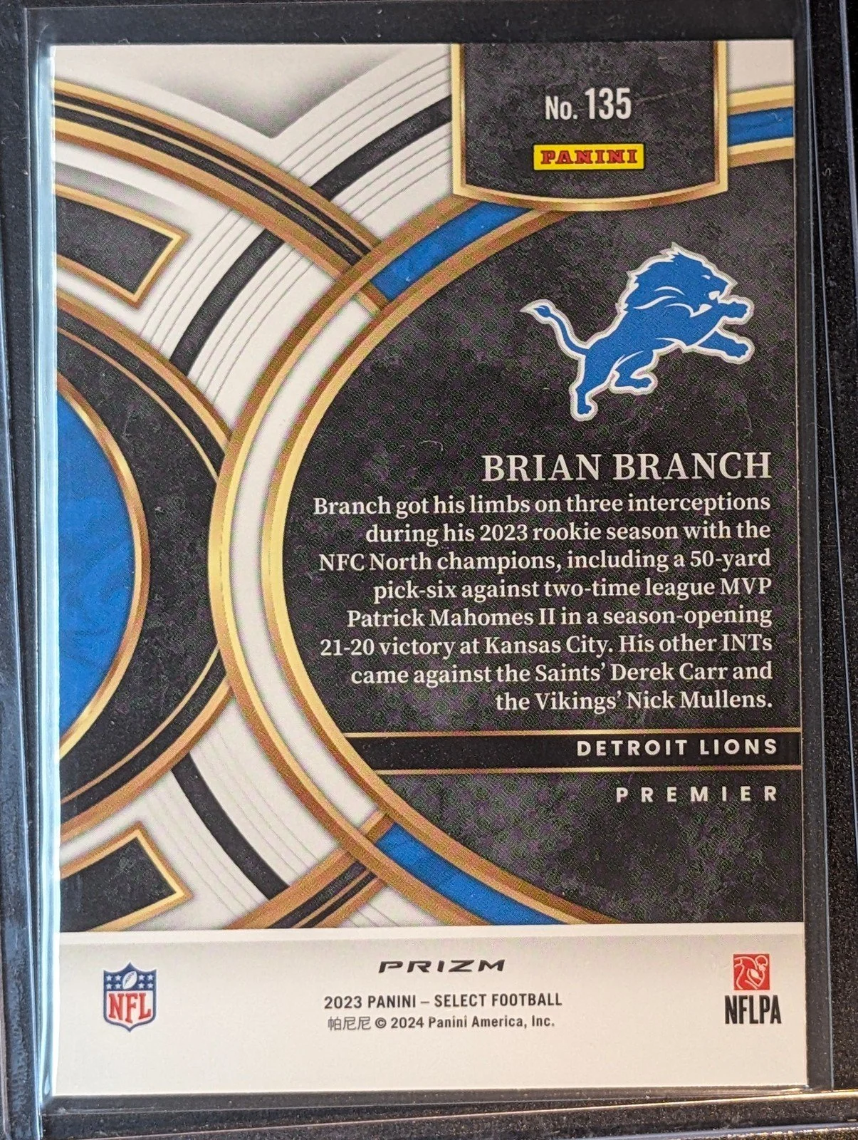 Back of 2023 Panini Select #135 Brian Branch Silver Prizm Rookie
