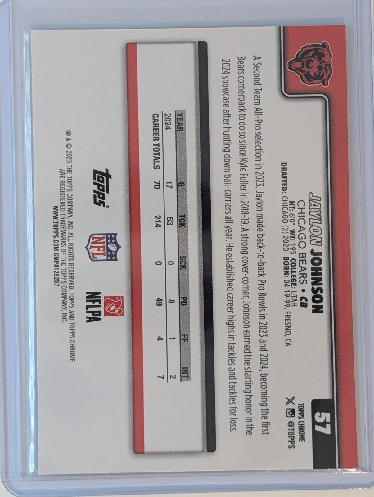 Back of 2025 Topps Chrome #57 Jaylon Johnson Pulsar Refractor