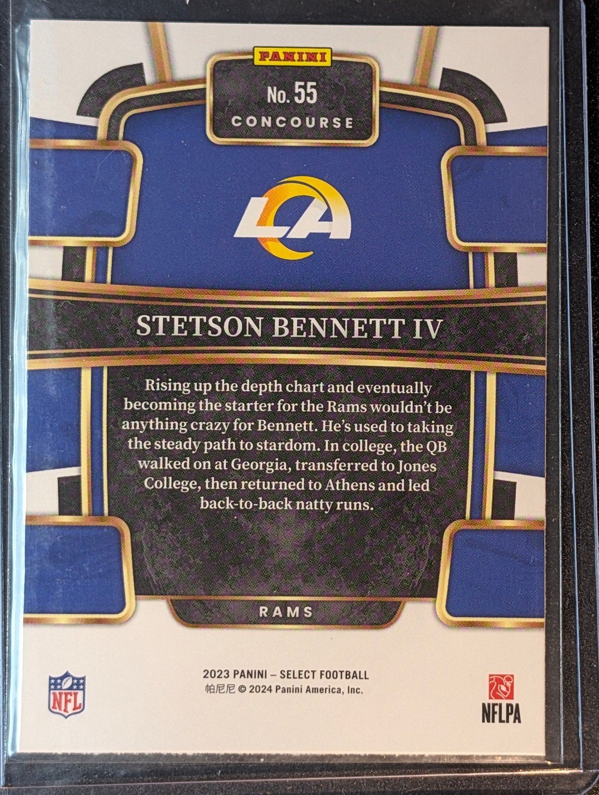 Back of 2023 Panini Select #55 Stetson Bennett IV Rookie