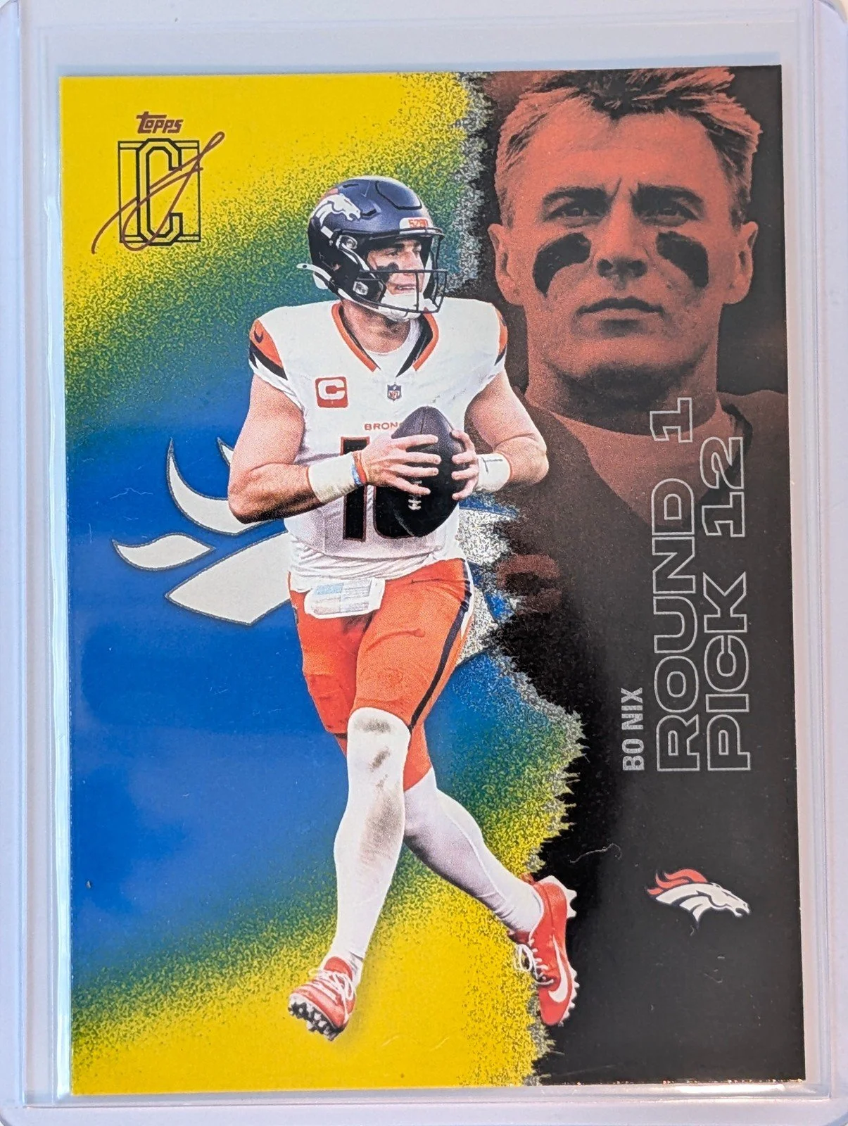 Front of 2025 Topps Signature Class #18 Bo Nix Blue & Yellow