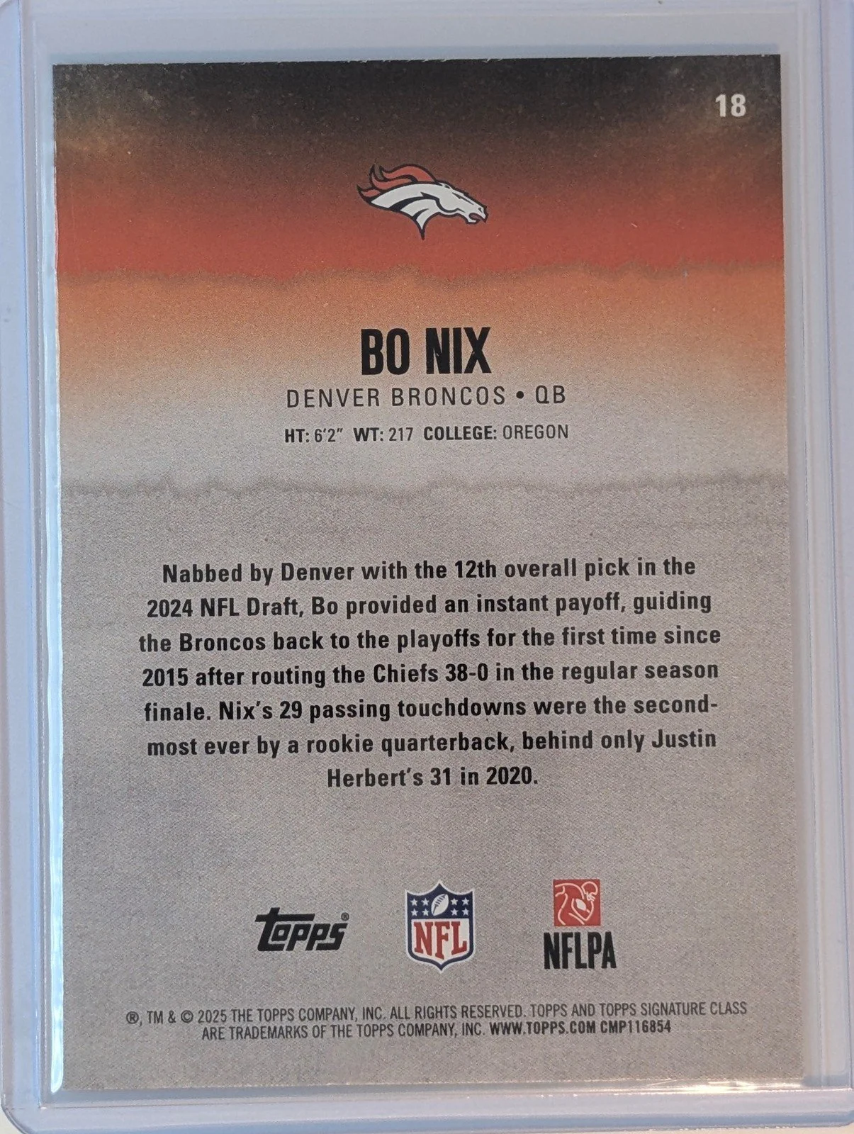 Back of 2025 Topps Signature Class #18 Bo Nix Blue & Yellow