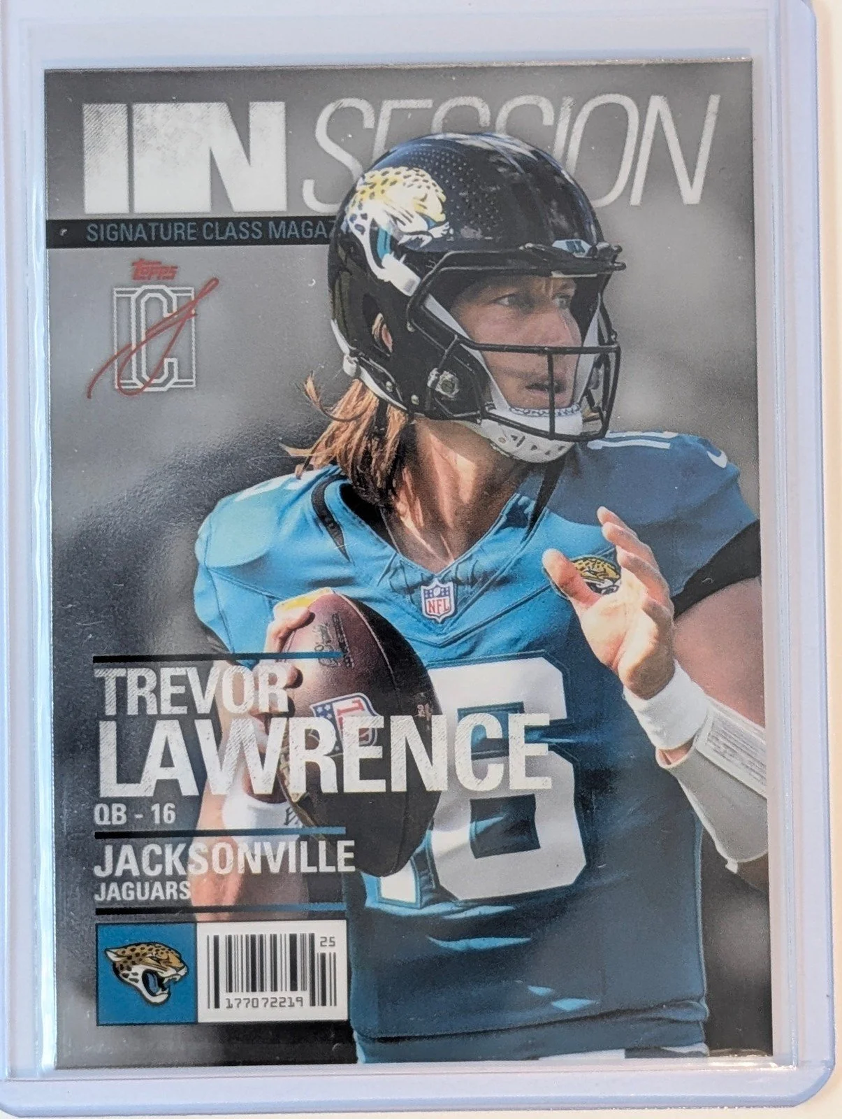 Front of 2025 Topps Signature Class #IS-10 Trevor Lawrence In Session