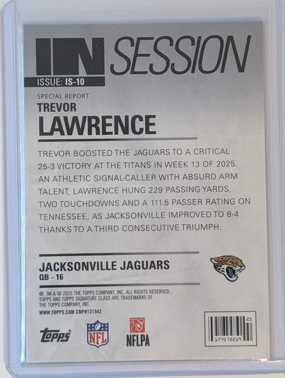 Back of 2025 Topps Signature Class #IS-10 Trevor Lawrence In Session