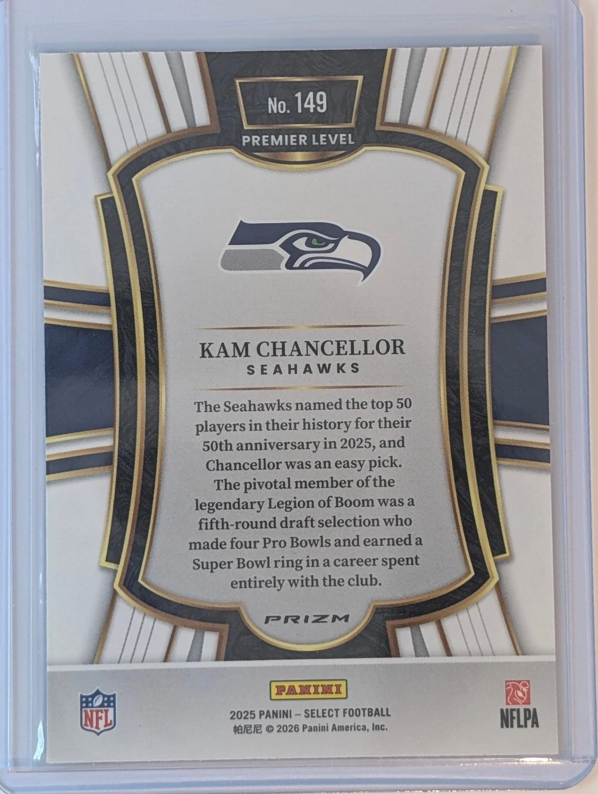 Back of 2025 Panini Select #149 Kam Chancellor Pink Prizm Shock