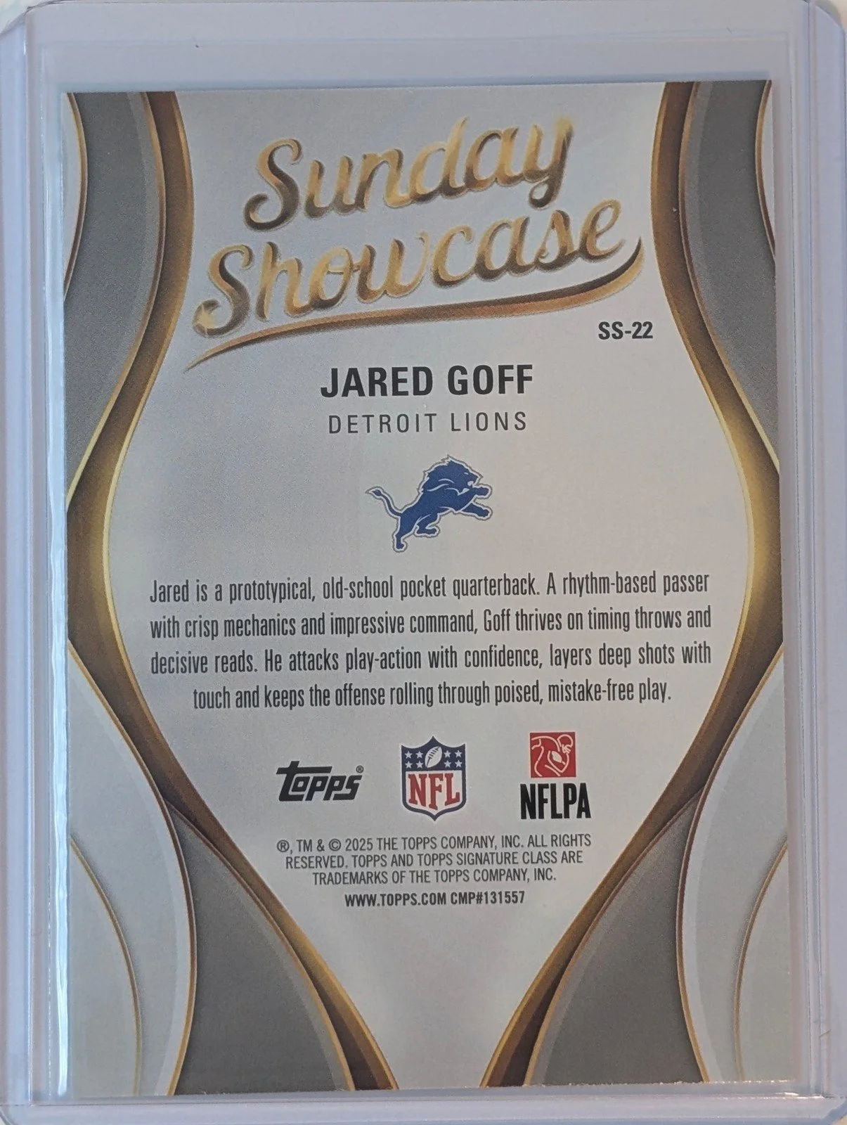 Back of 2025 Topps Signature Class #SS-22 Jared Goff Sunday Showcase