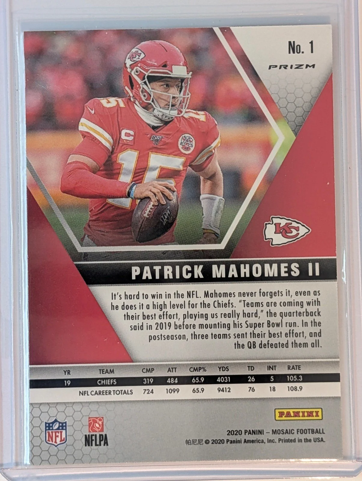 Back of 2020 Panini Mosaic #1 Patrick Mahomes II Prizm Geo