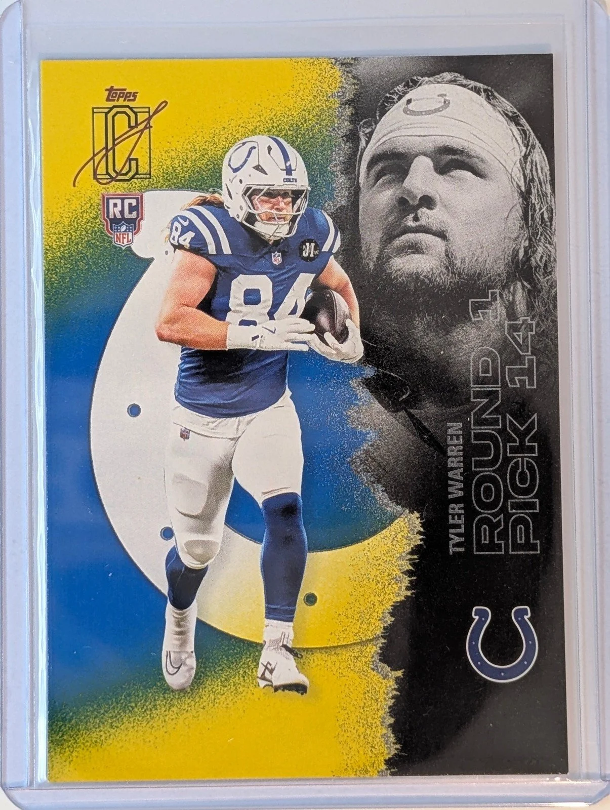 Front of 2025 Topps Signature Class #110 Tyler Warren Blue & Yellow Rookie