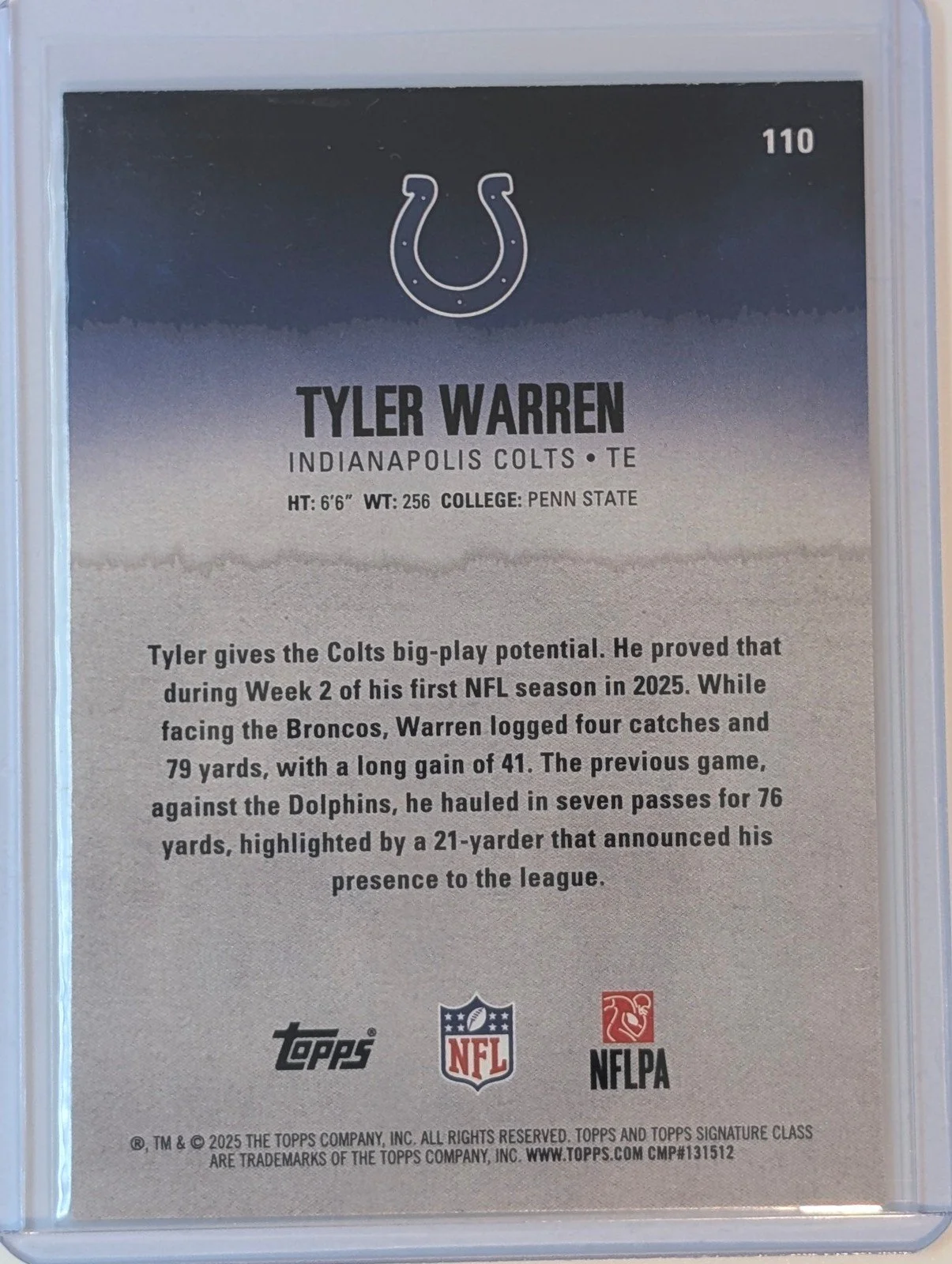 Back of 2025 Topps Signature Class #110 Tyler Warren Blue & Yellow Rookie