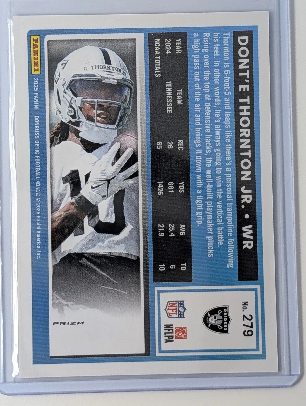 Back of 2025 Donruss Optic Rated Rookie #279 Dont'e Thornton Jr. Blue Hyper
