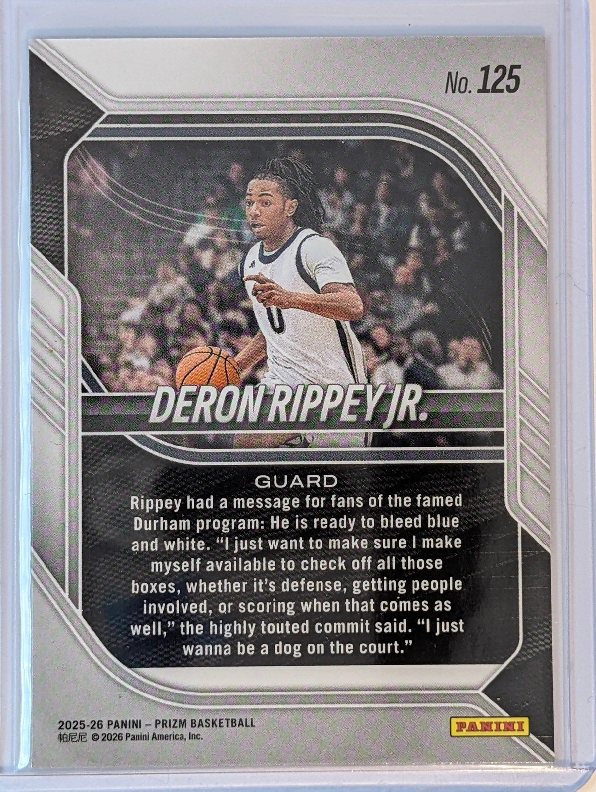 Back of 2025-26 Panini Prizm #125 Deron Rippey Jr.
