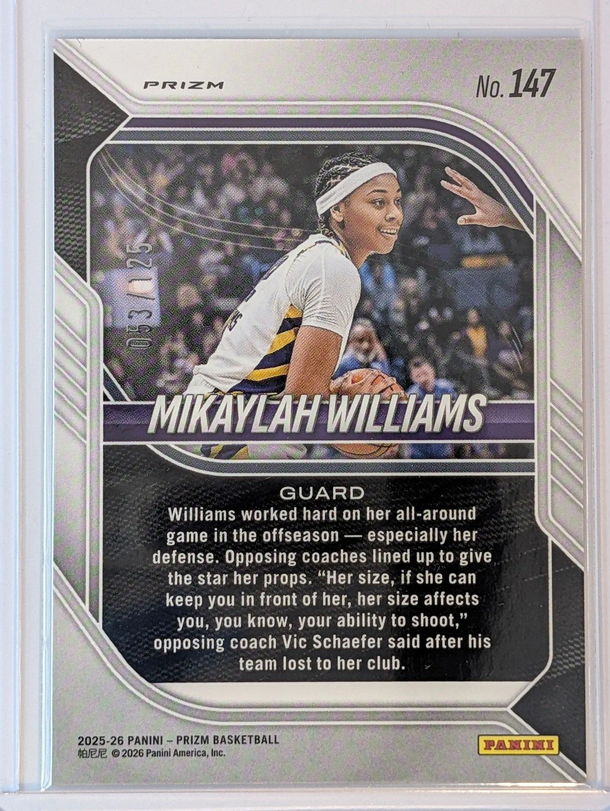 Back of 2025-26 Panini Prizm /125 #147 Mikaylah Williams Pink Scope 053/125