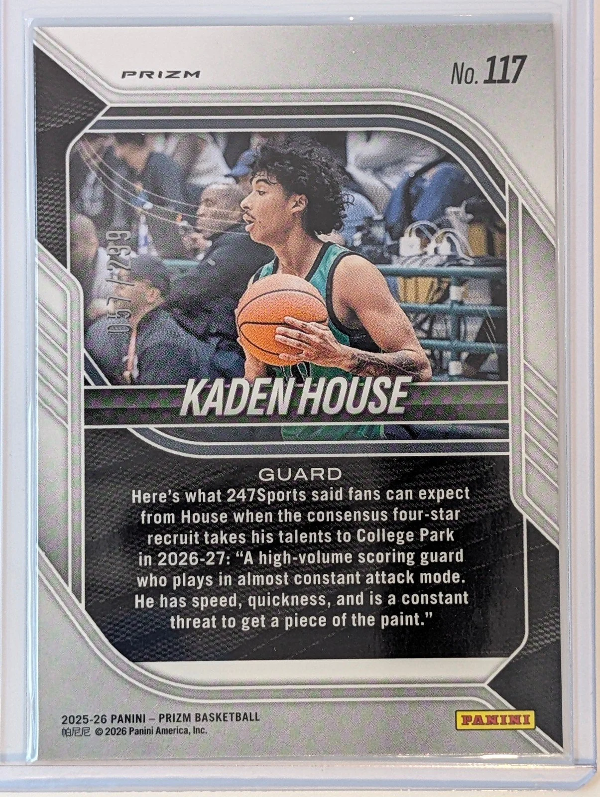 Back of 2025-26 Panini Prizm /299 #117 Kaden House Rube Red Wave Prizm