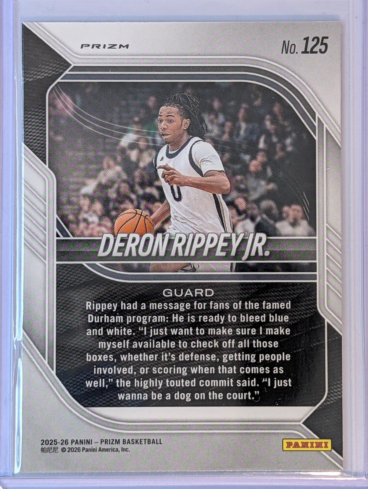 Back of 2025-26 Panini Prizm #125 Deron Rippey Jr. Silver Prizm Nil